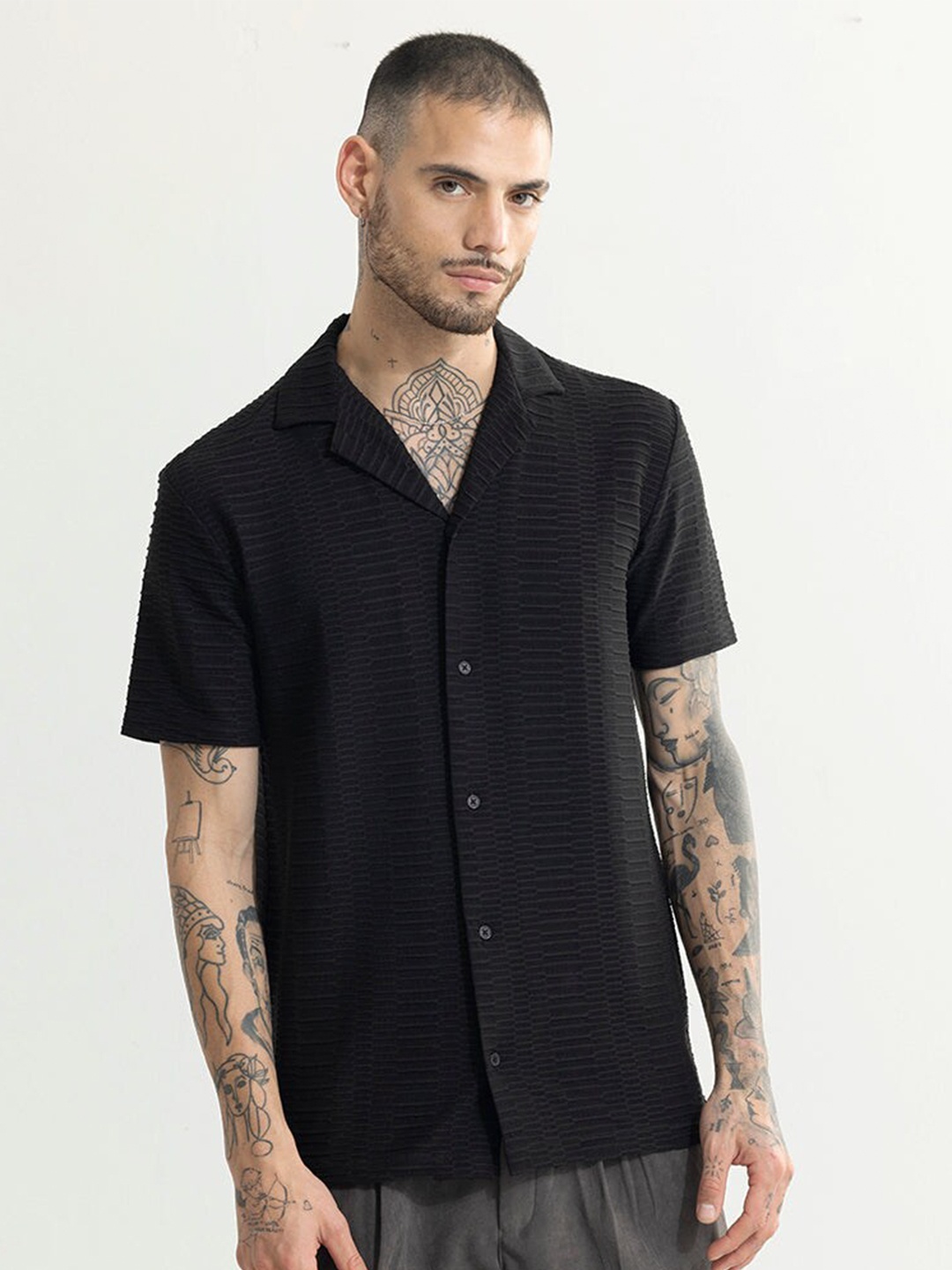 

Snitch Horizontal Stripes Classic Boxy Casual Shirt, Black