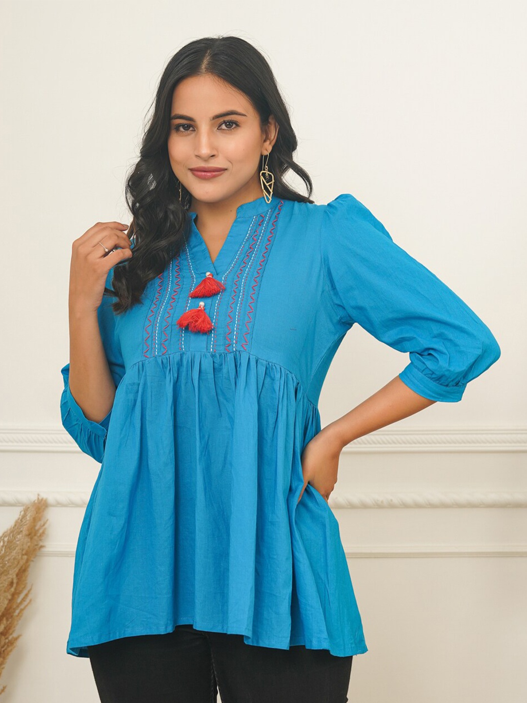 

Adveta Embroidered Mandarin Collar Puff Sleeves Cotton Peplum Top, Blue