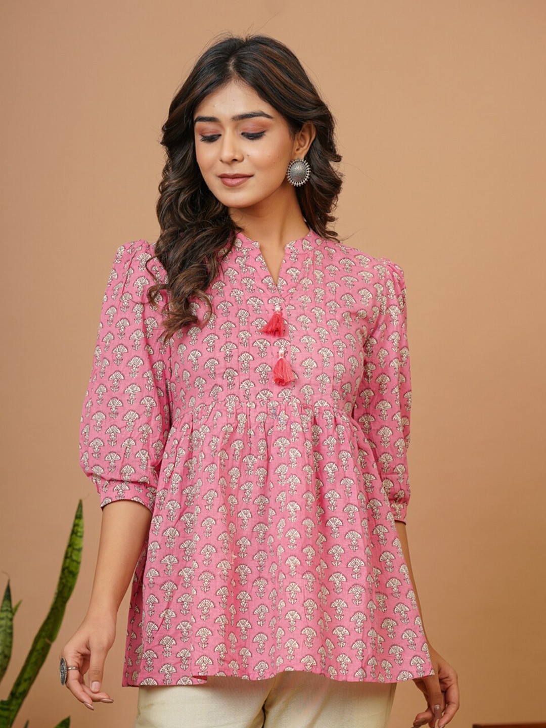 

Adveta Floral Print Mandarin Collar Puff Sleeve Cotton Peplum Top, Pink