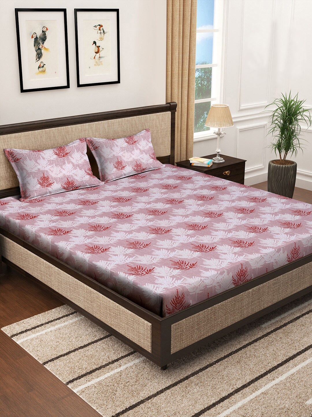 

KLOTTHE Pink Floral 400 TC Pure Cotton bedsheet and 2 pillow cover, Multi