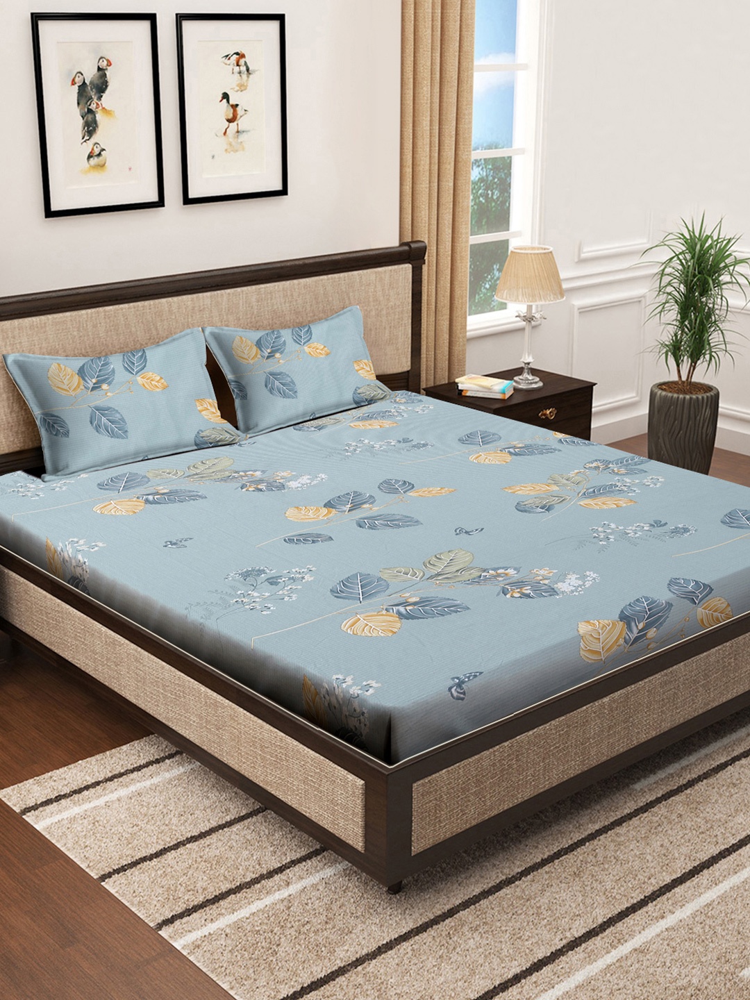 

KLOTTHE Blue & Yellow Floral 400 TC Double King Bedsheet with 2 pillow covers