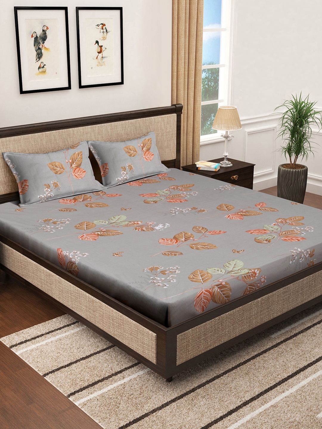 

KLOTTHE Grey & Brown Floral 400 TC Pure Cotton Bedsheet with 2 Pillow Cover