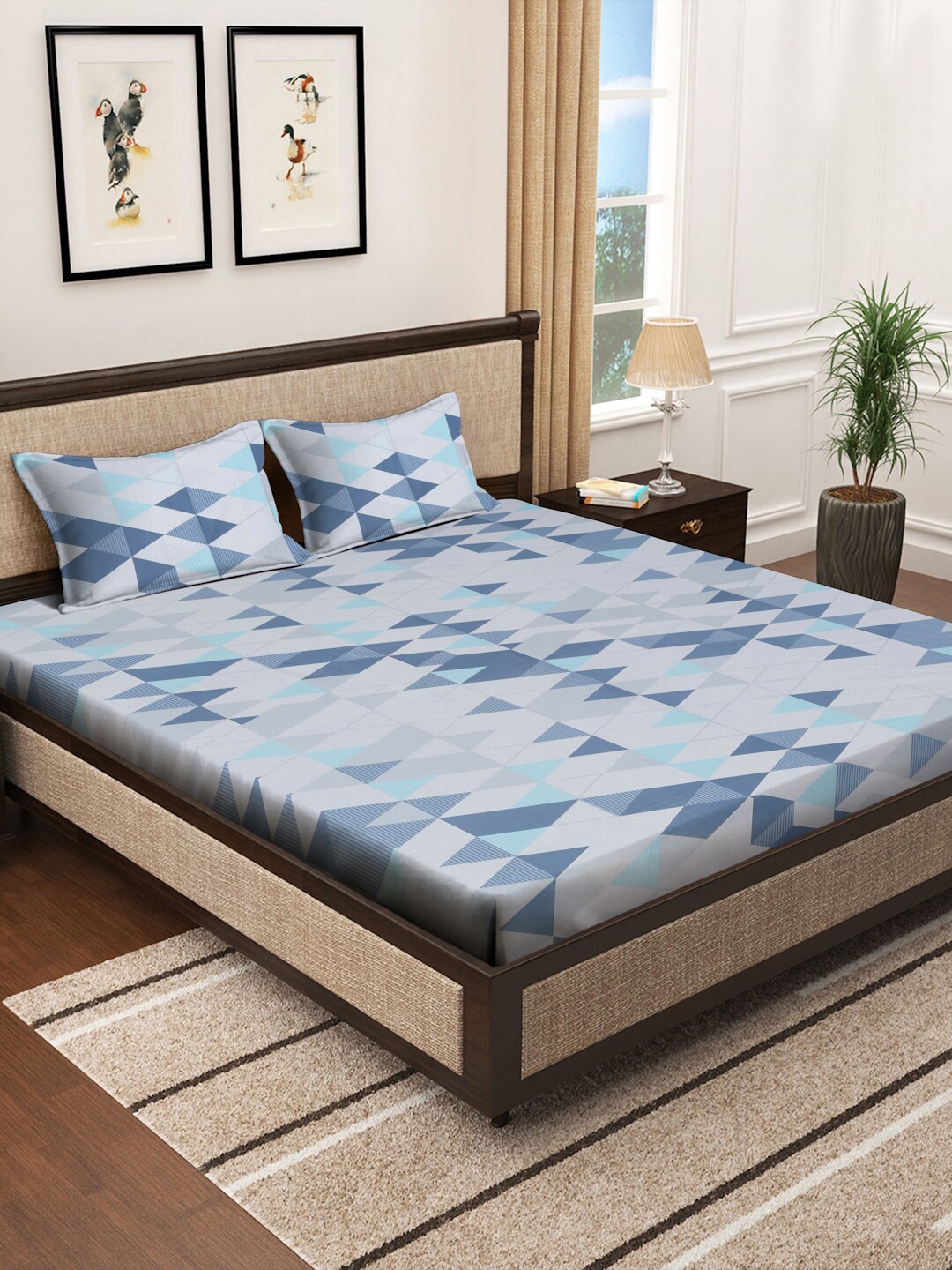 KLOTTHE Blue Geometric 400 TC Pure Cotton Bedsheet with 2 Pillow Cover