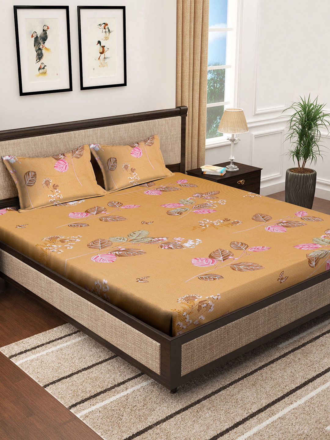 

KLOTTHE Floral 400 TC Double King Bedsheet with 2 Pillow Cover, Brown