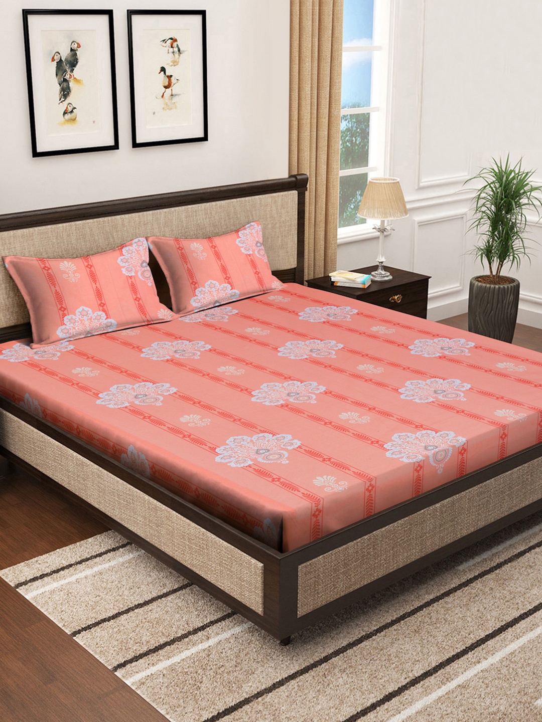 

KLOTTHE Orange & White Floral 130 GSM Double King Bedsheet with 2 Pillow Cover