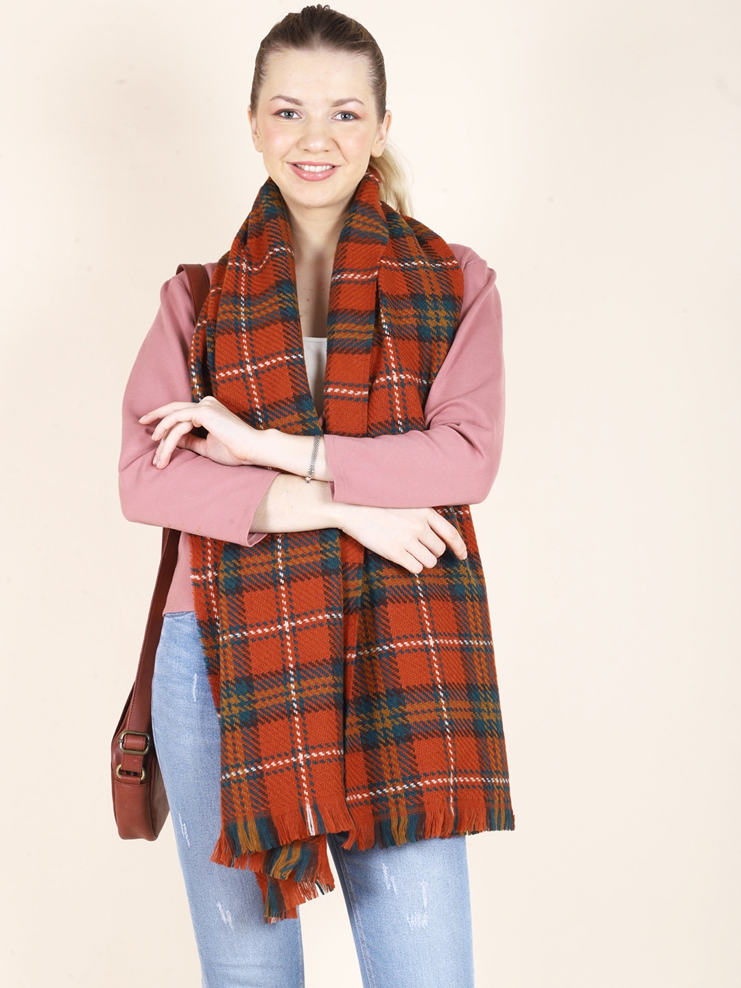 

Calvadoss Women Checked Woven-Design Shawl, Maroon