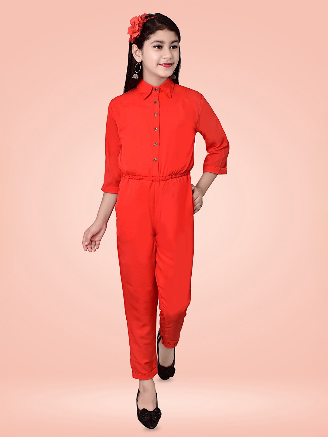 

BAESD Girls Shirt Collar Basic Jumpsuit, Red