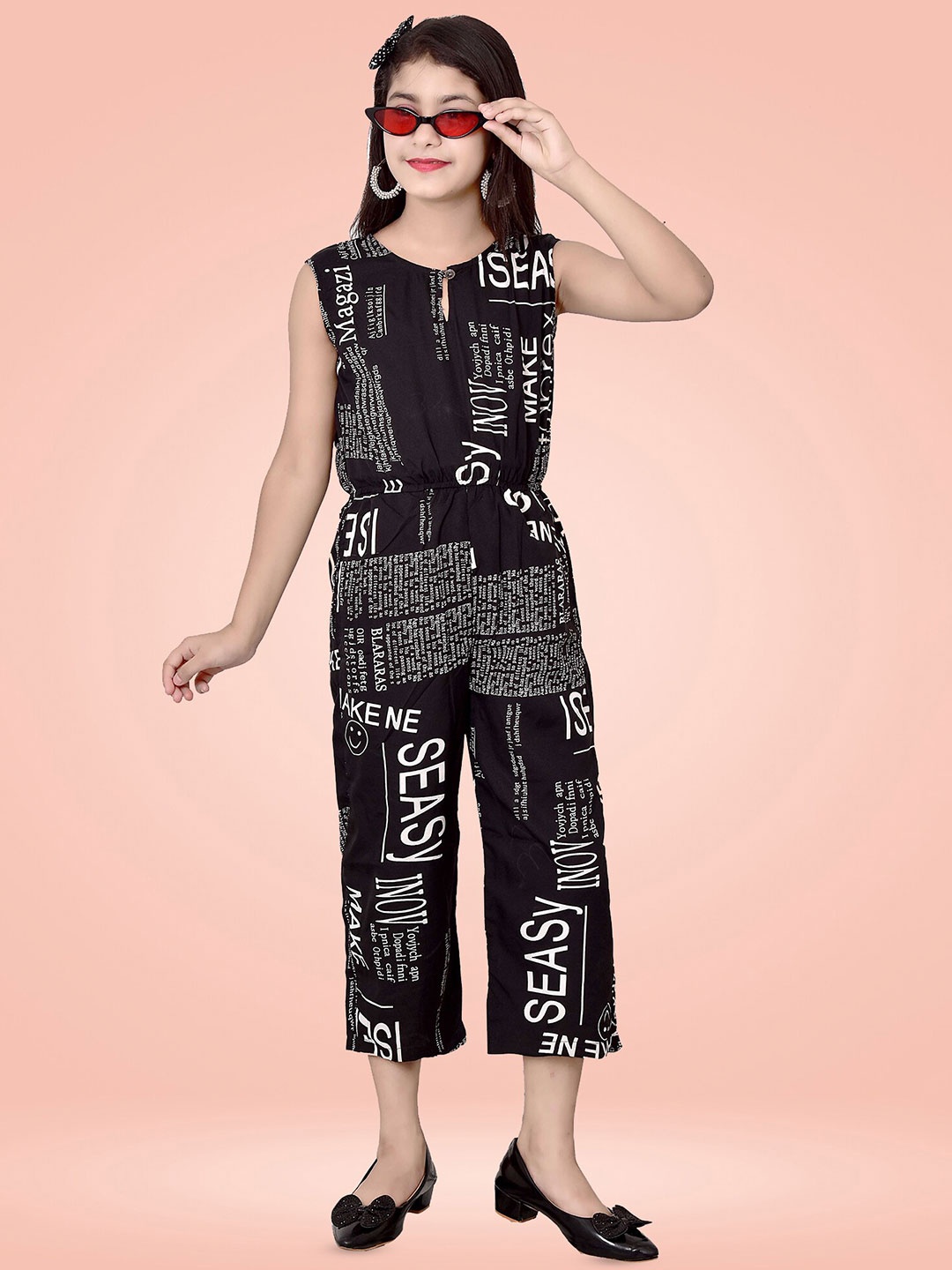 

BAESD Girls Typography Printed Basic Jumpsuit, Black