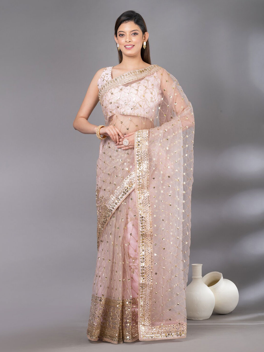 

Angroop Embellished Sequinned Net Saree, Pink