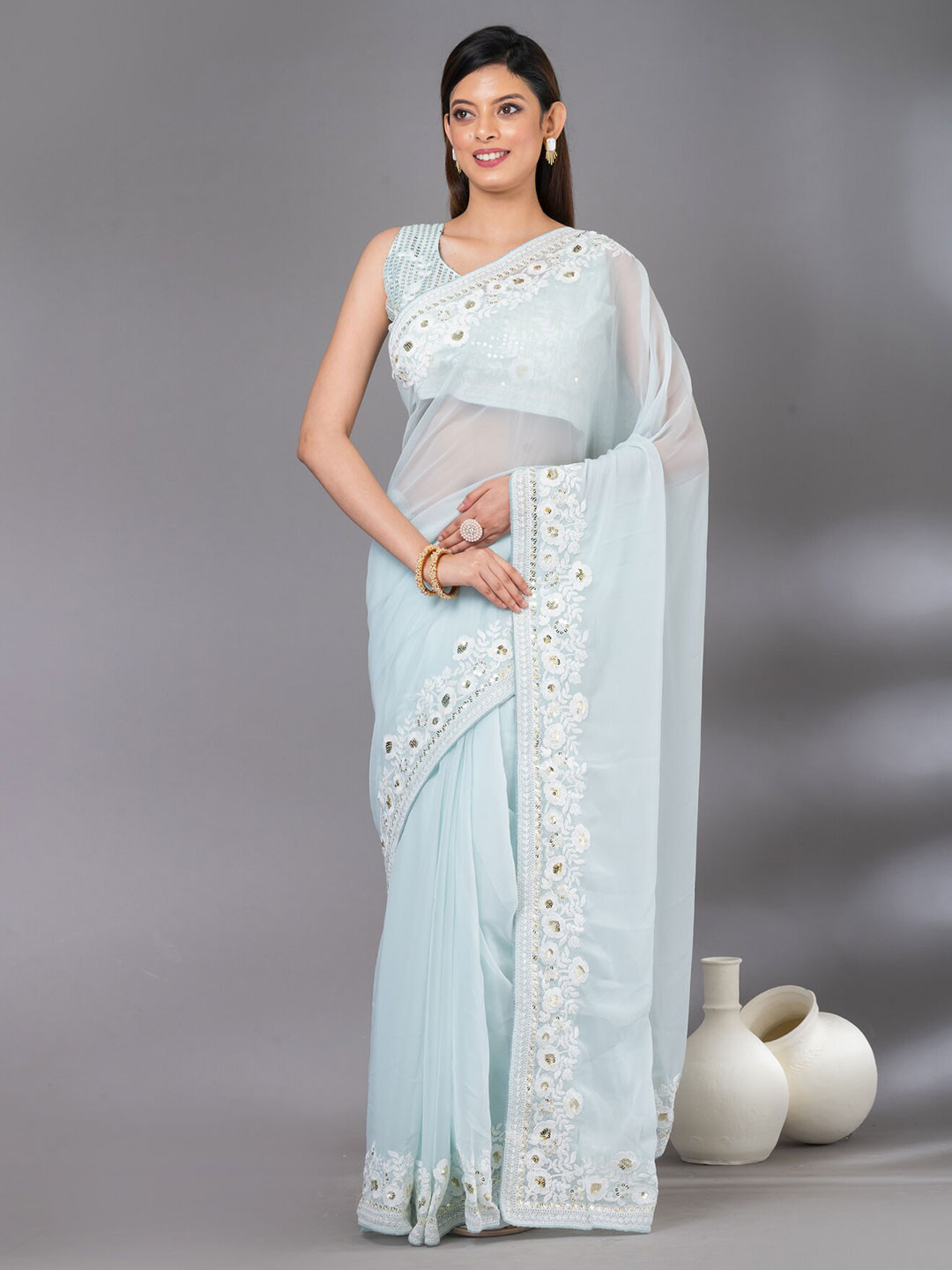 

Angroop Embroidered Poly Georgette Saree, Blue