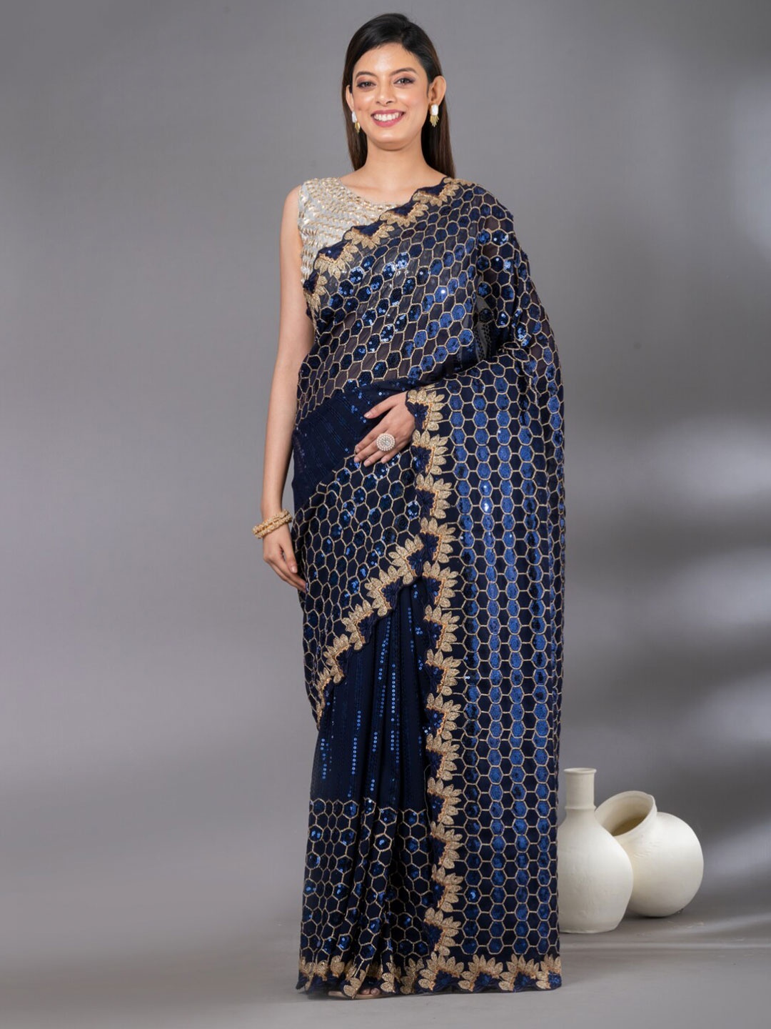 

Angroop Embellished Sequinned Designer Saree, Navy blue