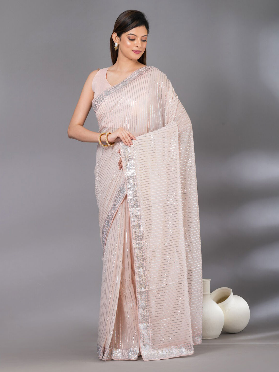 

Angroop Embellished Sequinned Designer Saree, Peach