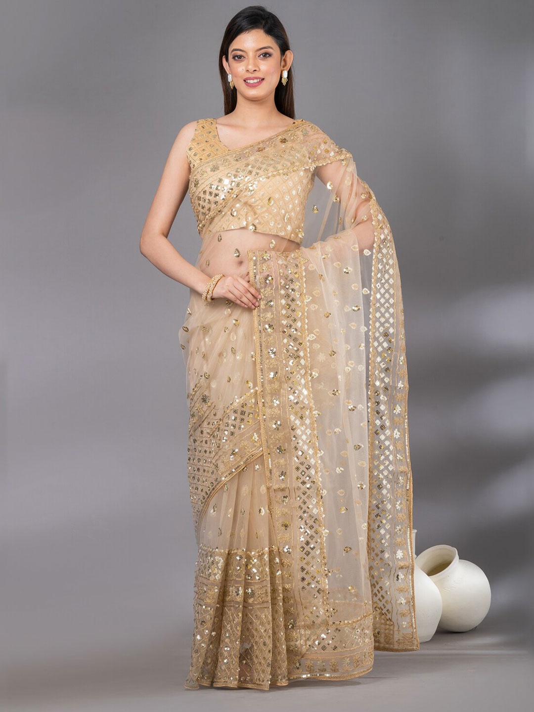 

Angroop Embellished Sequinned Net Designer Saree, Gold