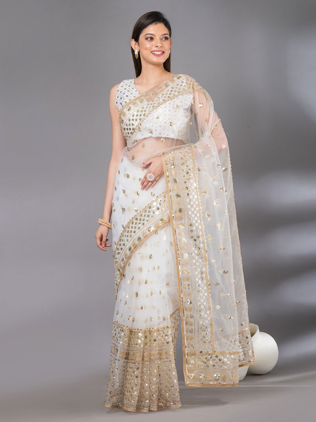 

Angroop Embellished Sequinned Net Designer Saree, White