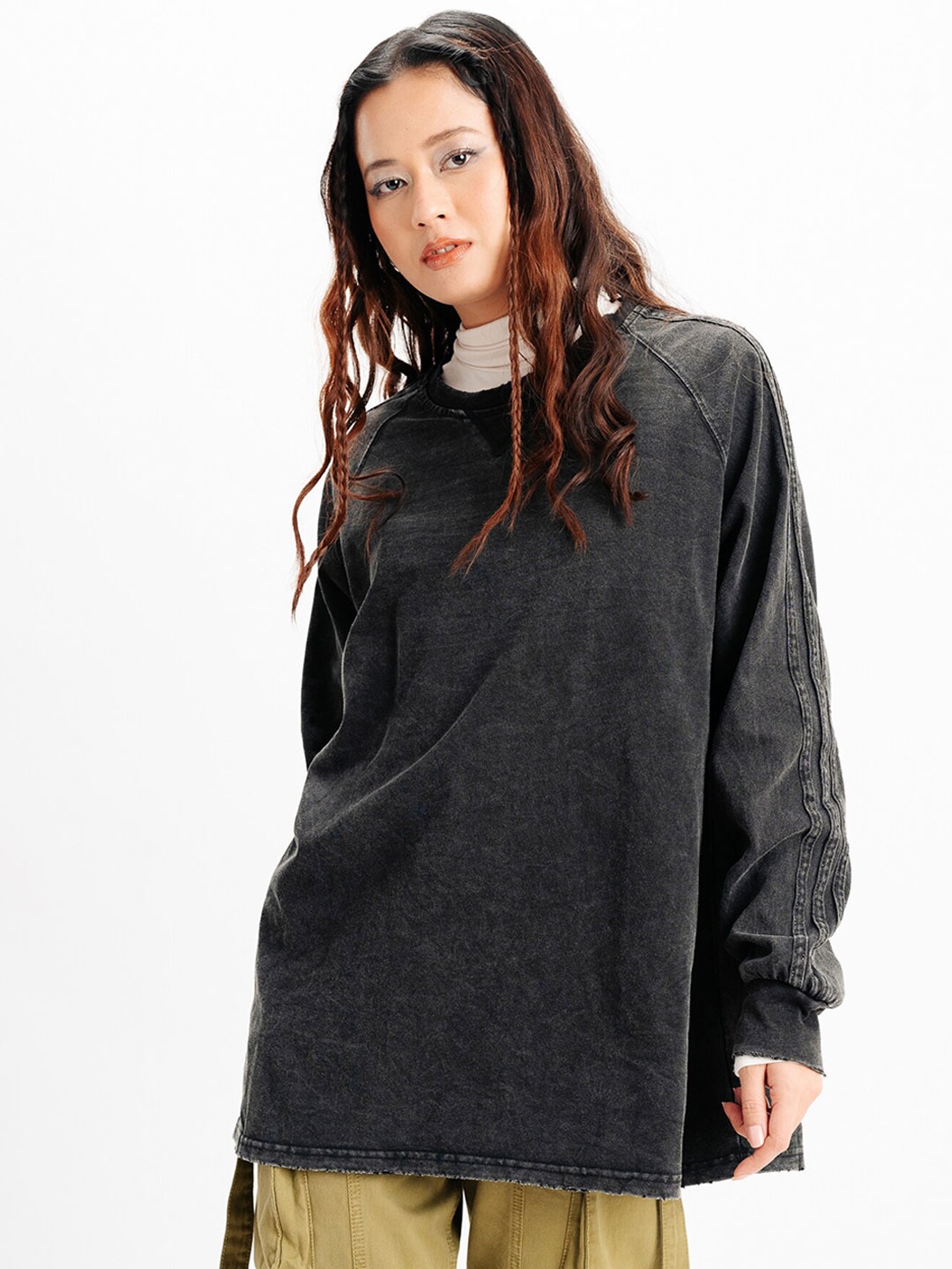 

FREAKINS Raglan Sleeves Oversized Longline T-shirt, Black