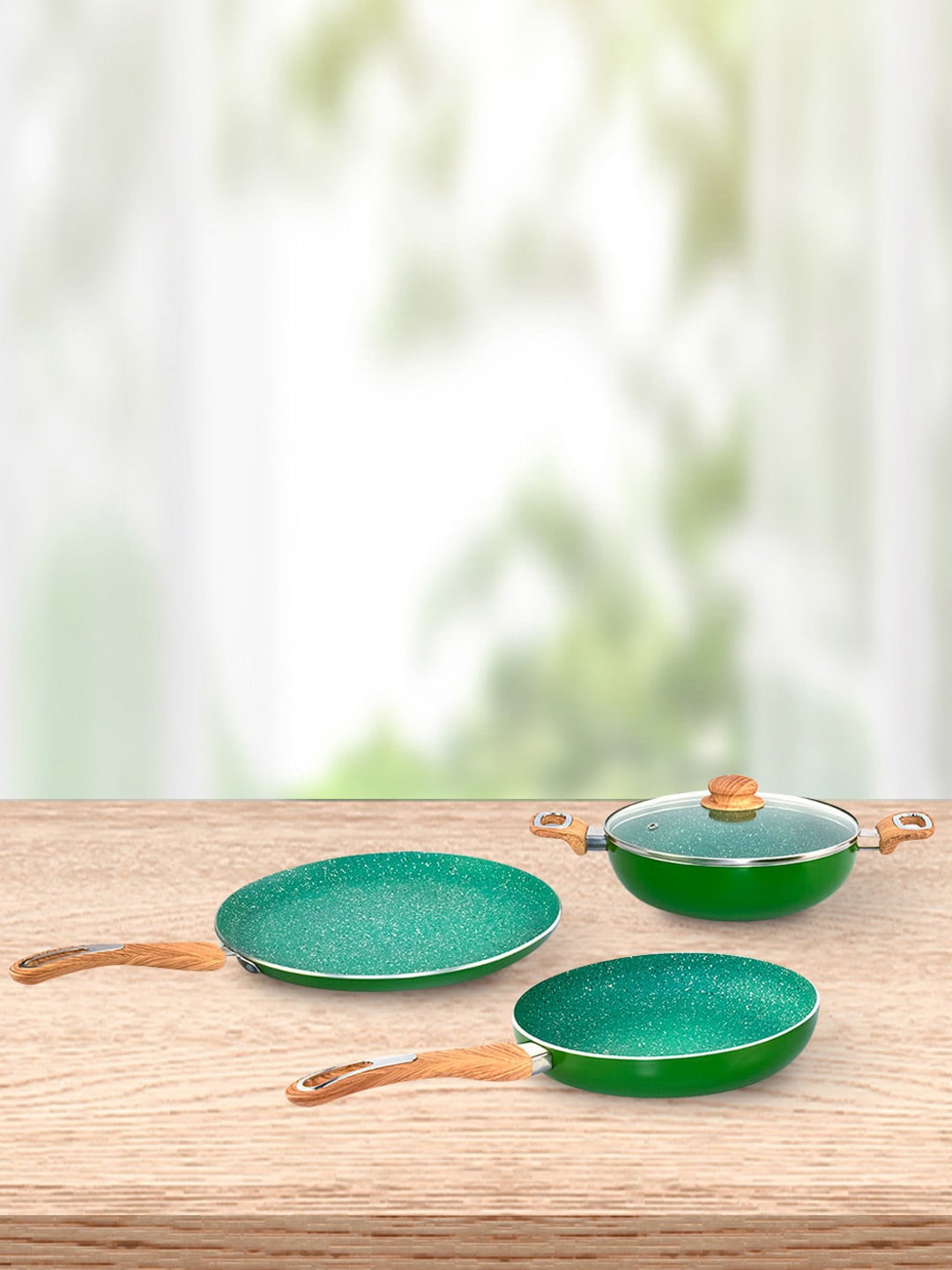 

Athome by Nilkamal Green 3 pcs Fry Pan With Dosa Tawa and Kadhai With Lid