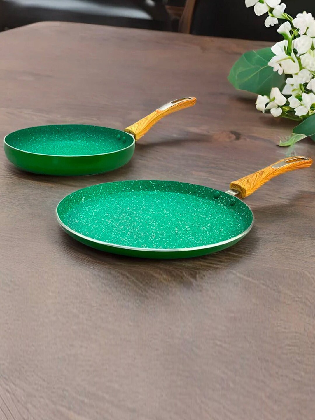 

Athome by Nilkamal Green & Brown 2 Pcs Aluminium Non-Stick Fry Pan With Dosa Tawa