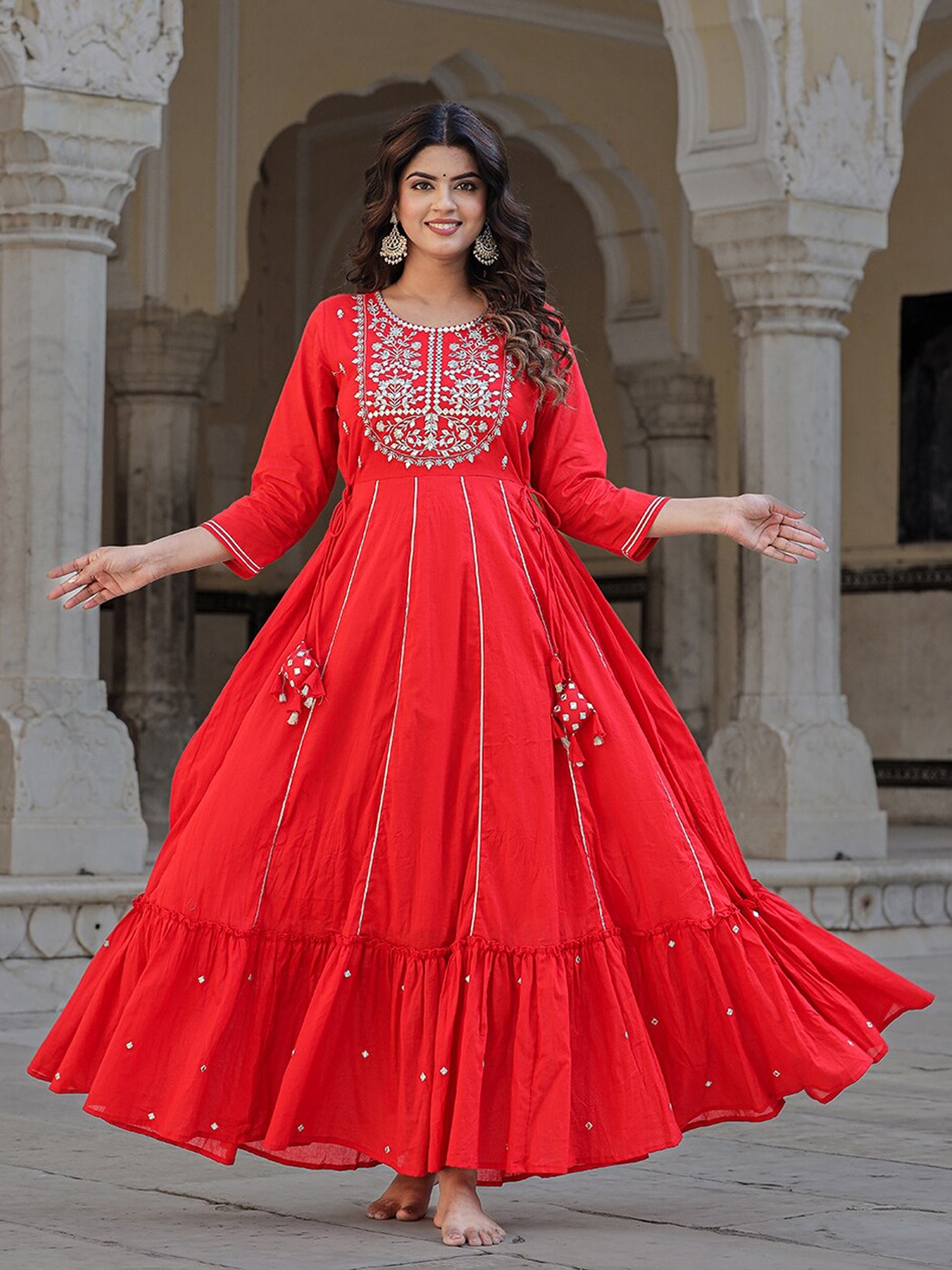 

KAAJH Embellished Cotton Flared Maxi Ethnic Dresses, Red