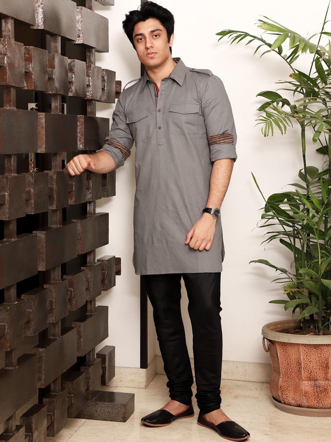 

Spring Soul Grey Cotton Pathani Shirt Collar Straight Kurta