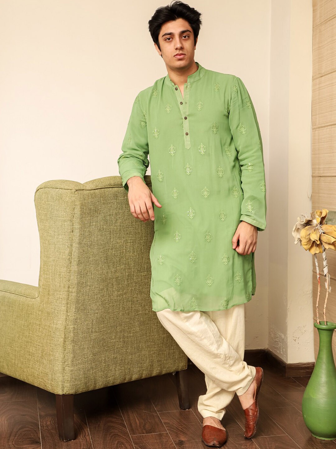 

Spring Soul Green Embroidered Jacquard Georgette A-Line Kurta