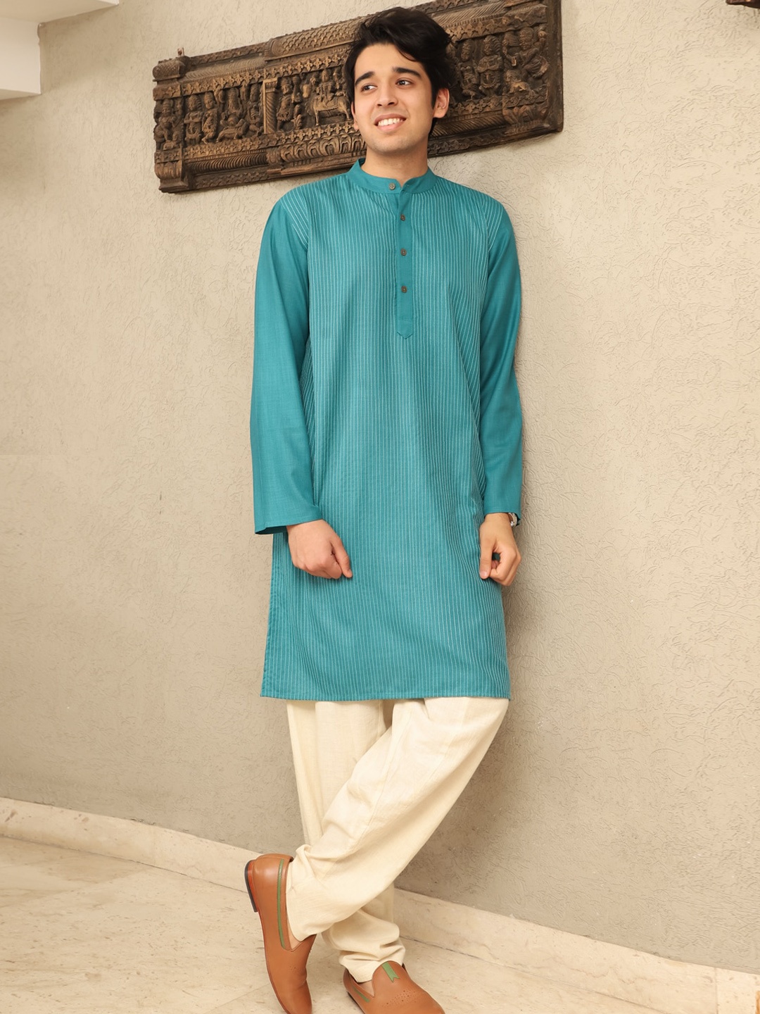 

Spring Soul Teal Cotton Striped Mandarin collar Curved Kurta