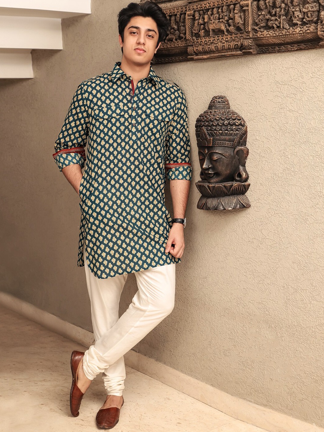 

Spring Soul Green Printed Cotton Ethnic Motifs Pathani Kurta