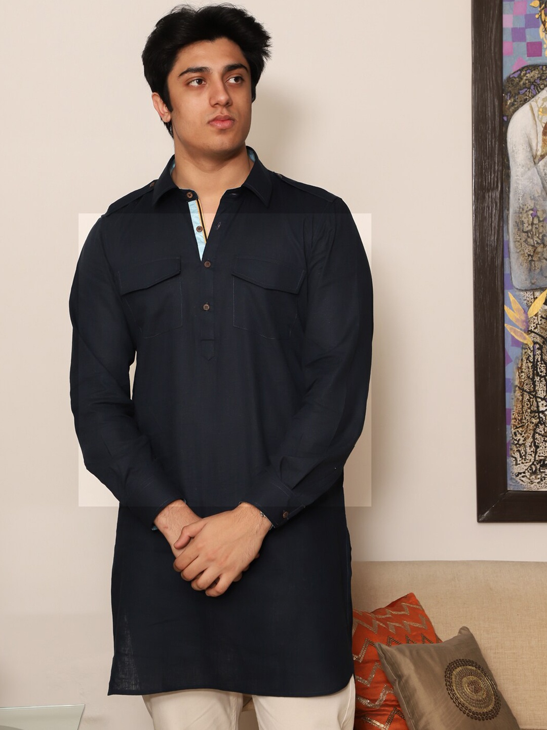 

Spring Soul Black Cotton Pathani Mandarin Collar Curved Kurta