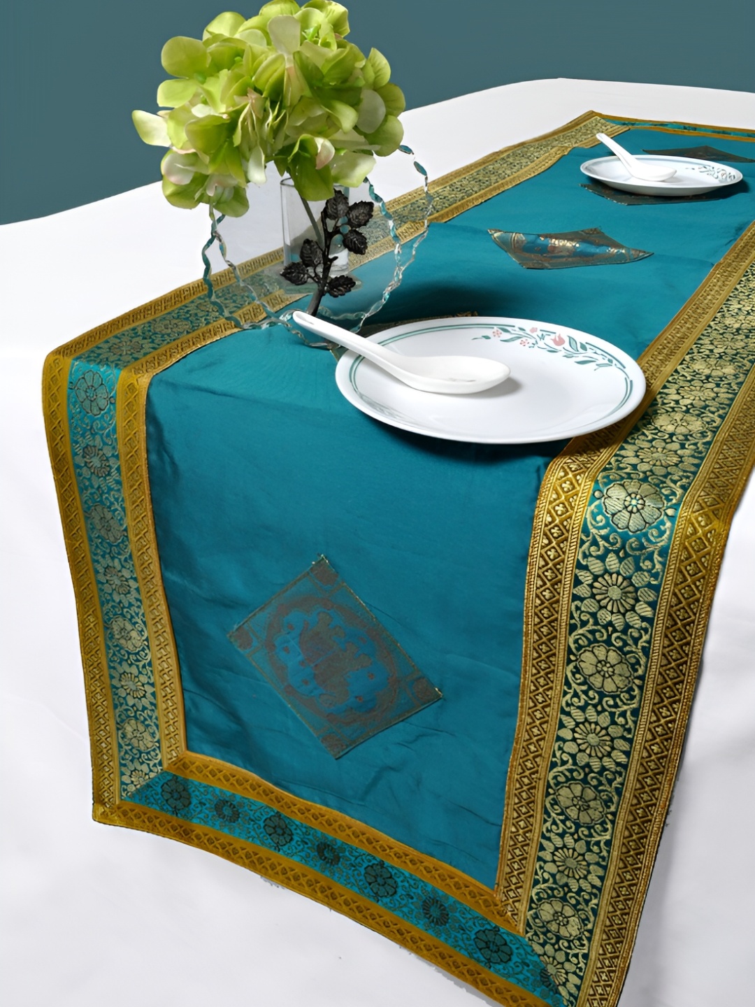 

Lal Haveli Blue & Gold Toned Floral Woven Design Table Runner