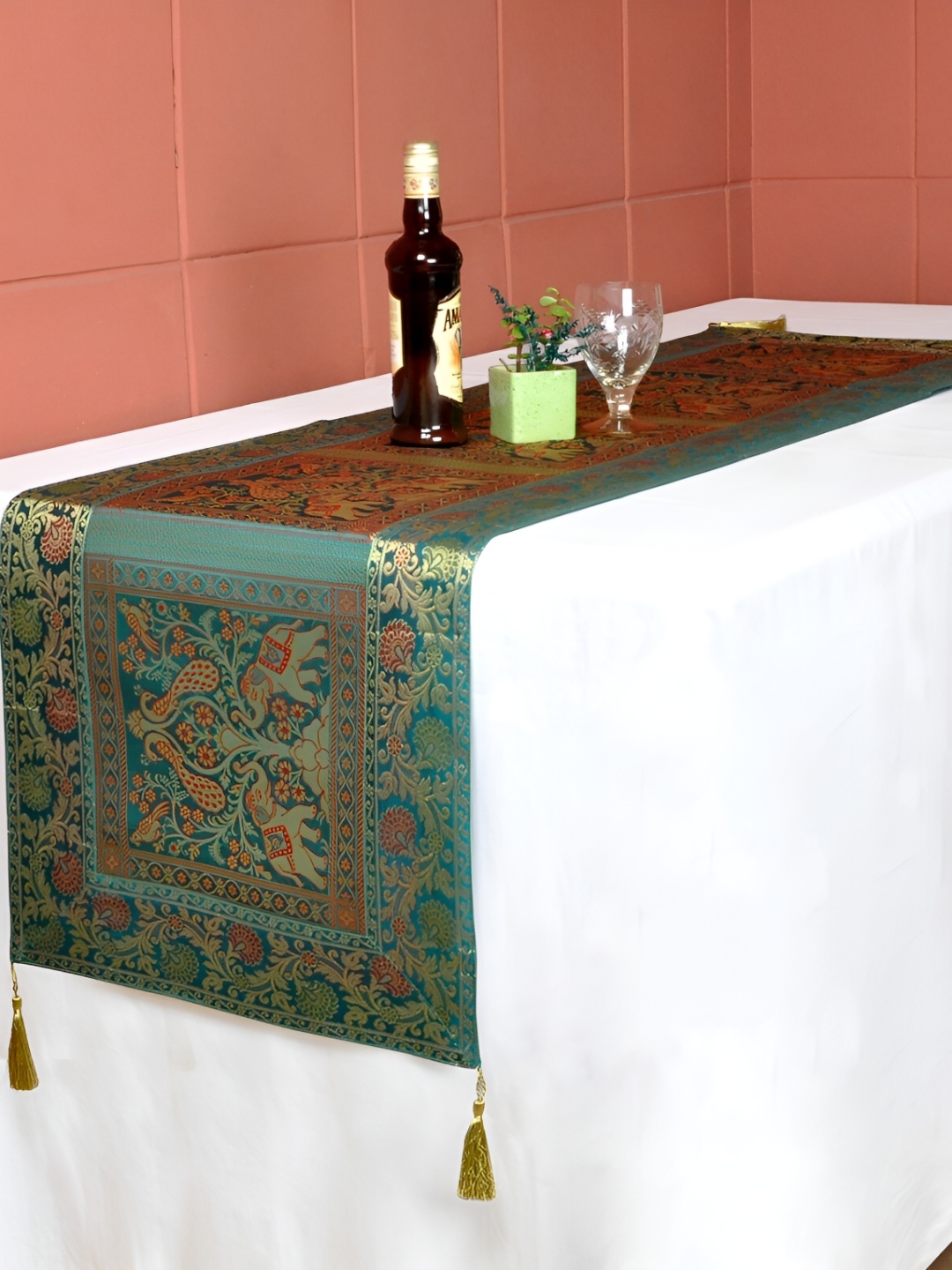 

Lal Haveli Green & Gold Toned Floral Silk Brocade Table Runners