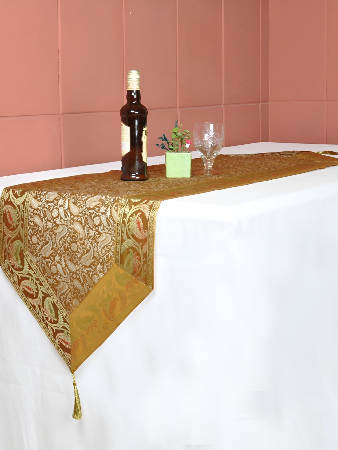 

Lal Haveli Mustard & Gold Toned Floral Woven Design Table Runner