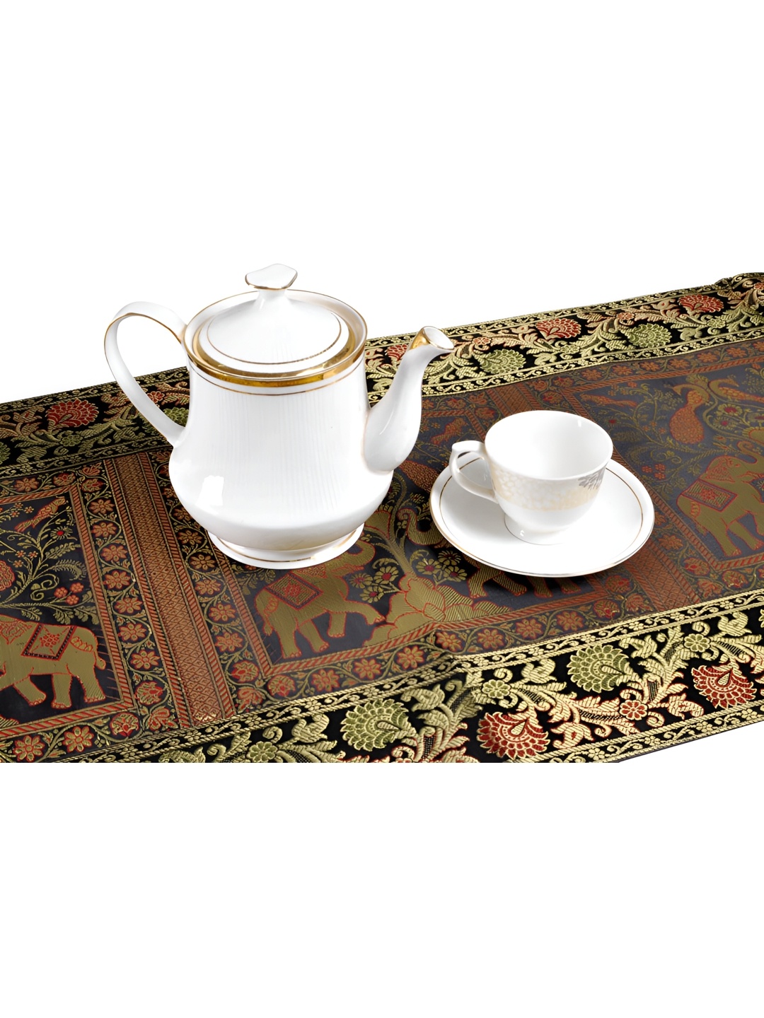 

Lal Haveli Black & Gold Toned Floral Printed Table Runner