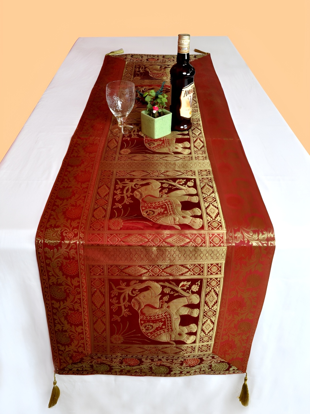 

Lal Haveli Maroon & Gold Toned Silk Floral Printed Table Runner