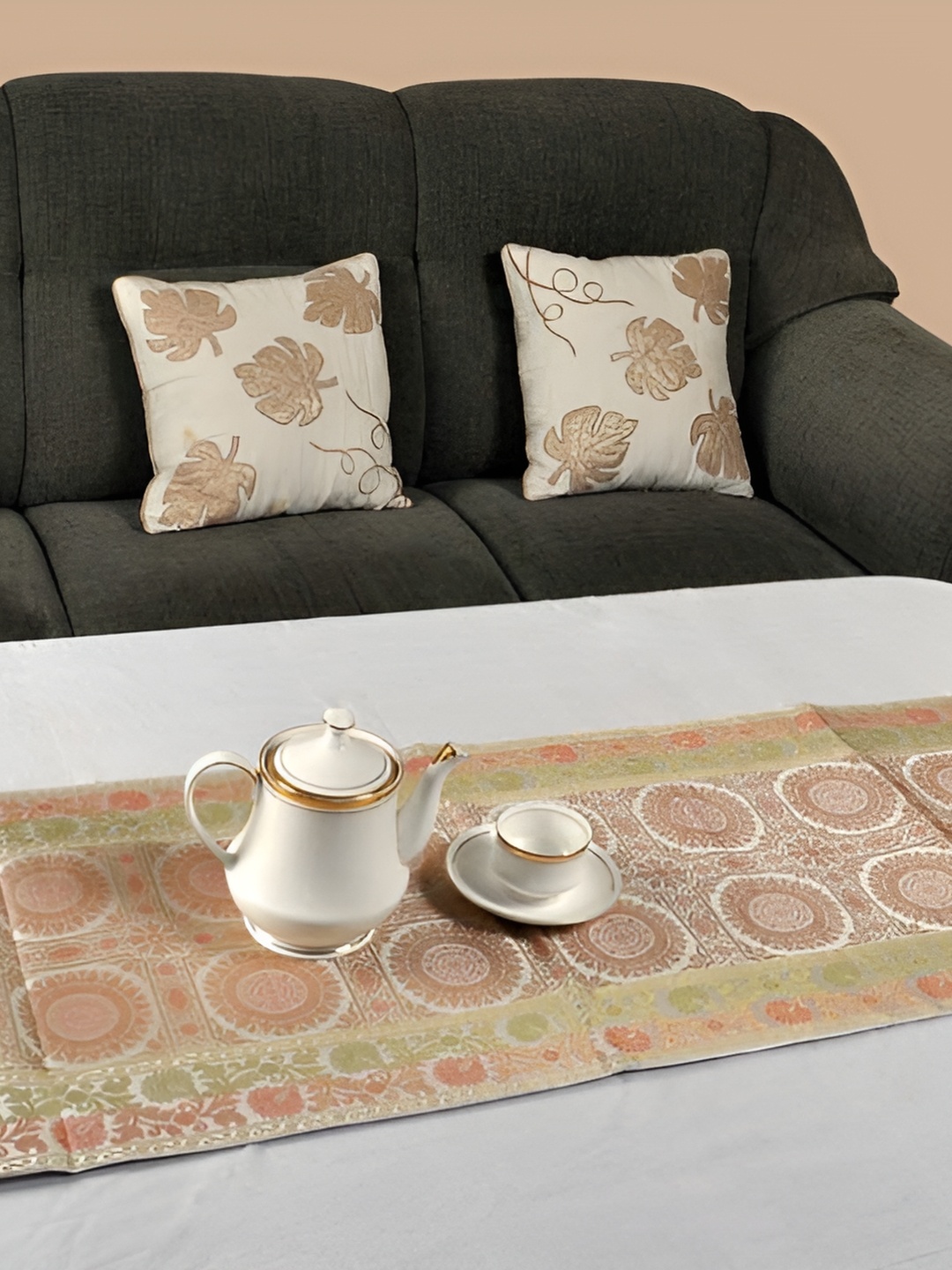

Lal Haveli White & Gold-Toned Ethnic Motifs Silk Brocade Rectangle Center Table Runner