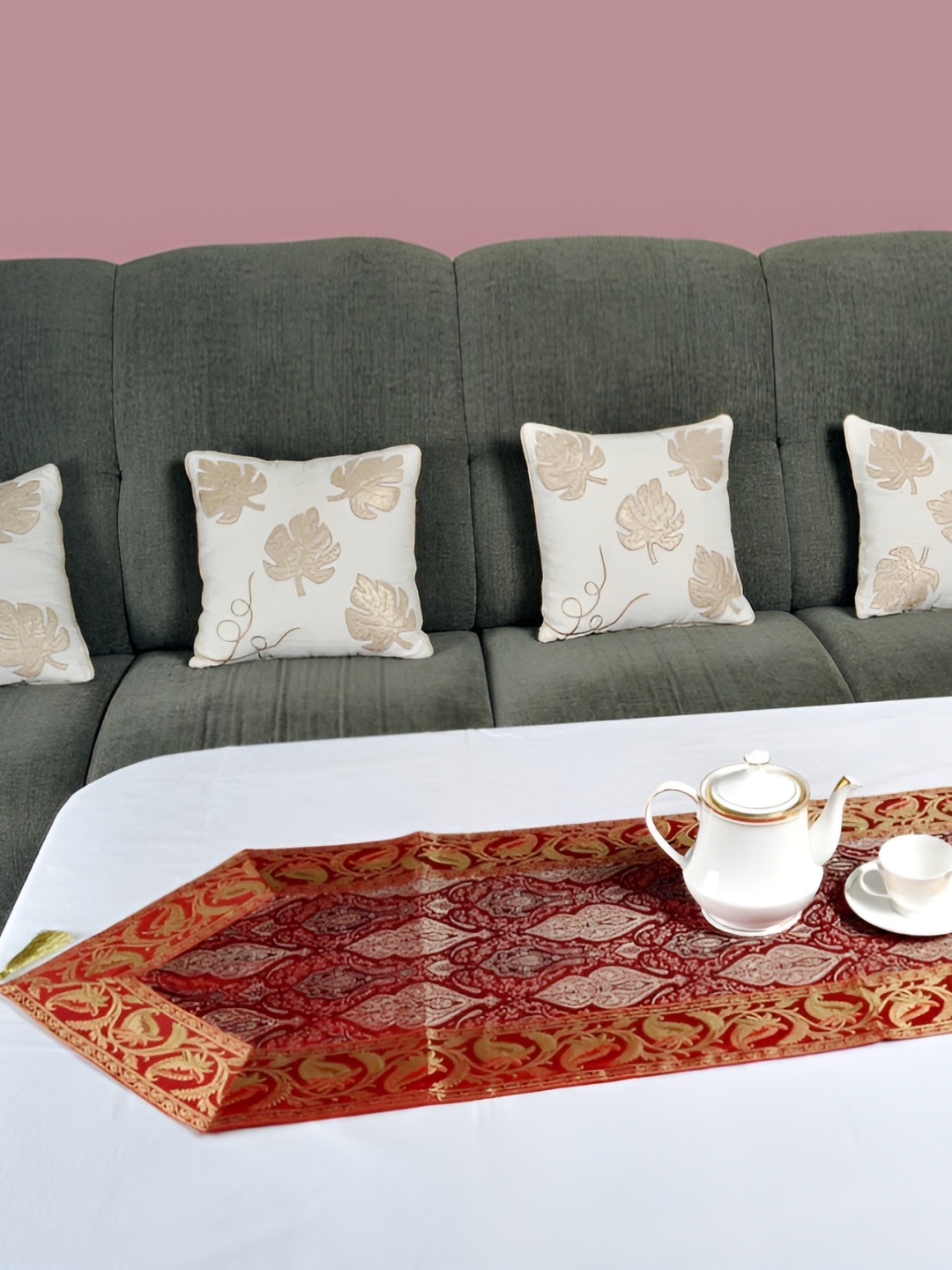 

Lal Haveli Red & Gold-Toned Ethnic Motifs Silk Brocade Rectangle Center Table Runner