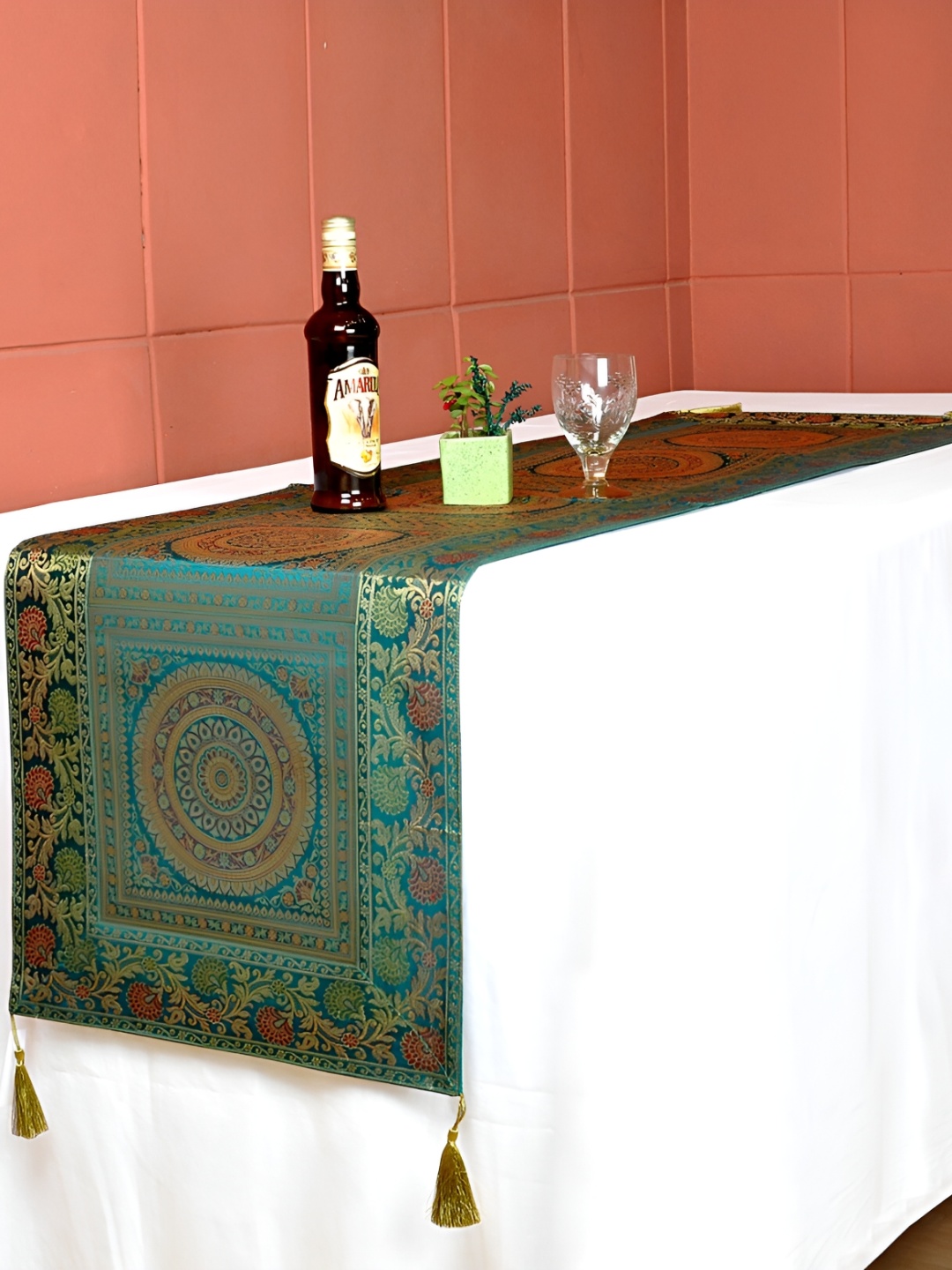 

Lal Haveli Green & Gold Toned Floral Printed Table Runner