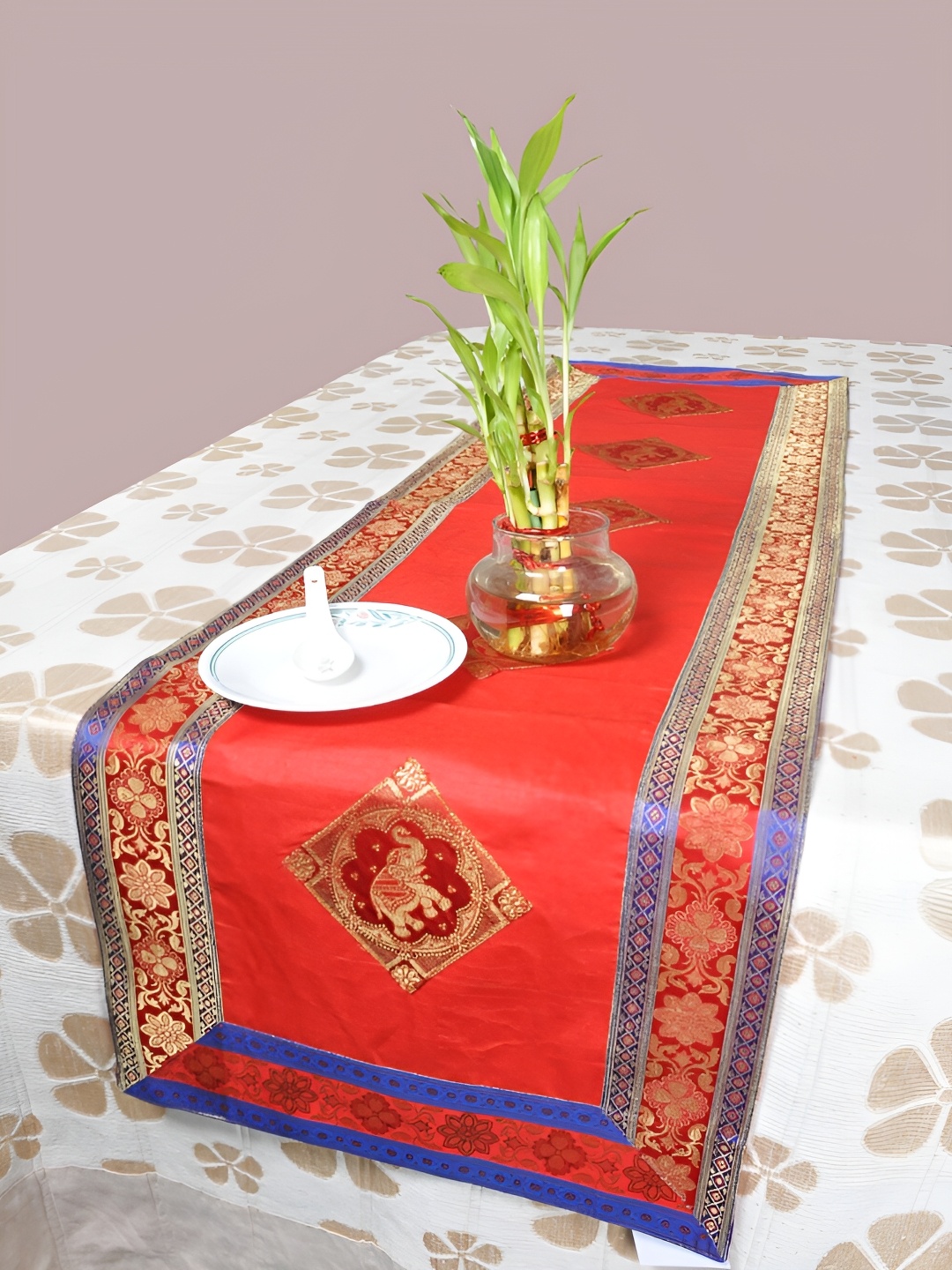 

Lal Haveli Red & Gold Toned Floral Printed Table Runner