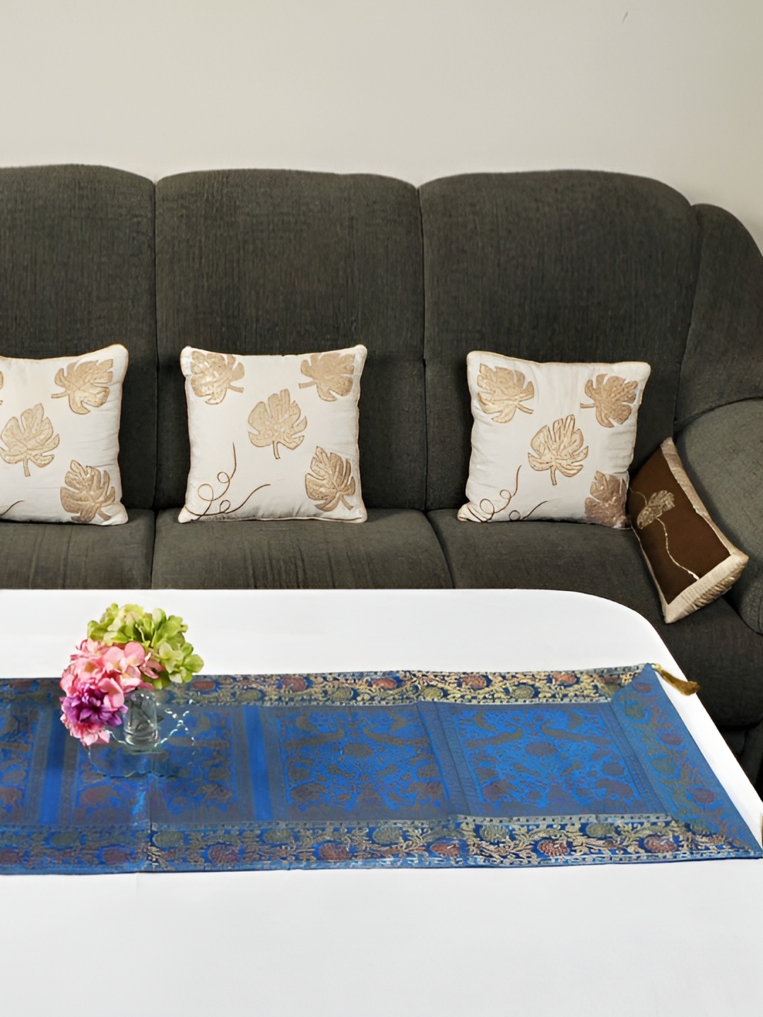 

Lal Haveli Turquoise Blue & Gold Toned Floral Printed Runners Table Runner