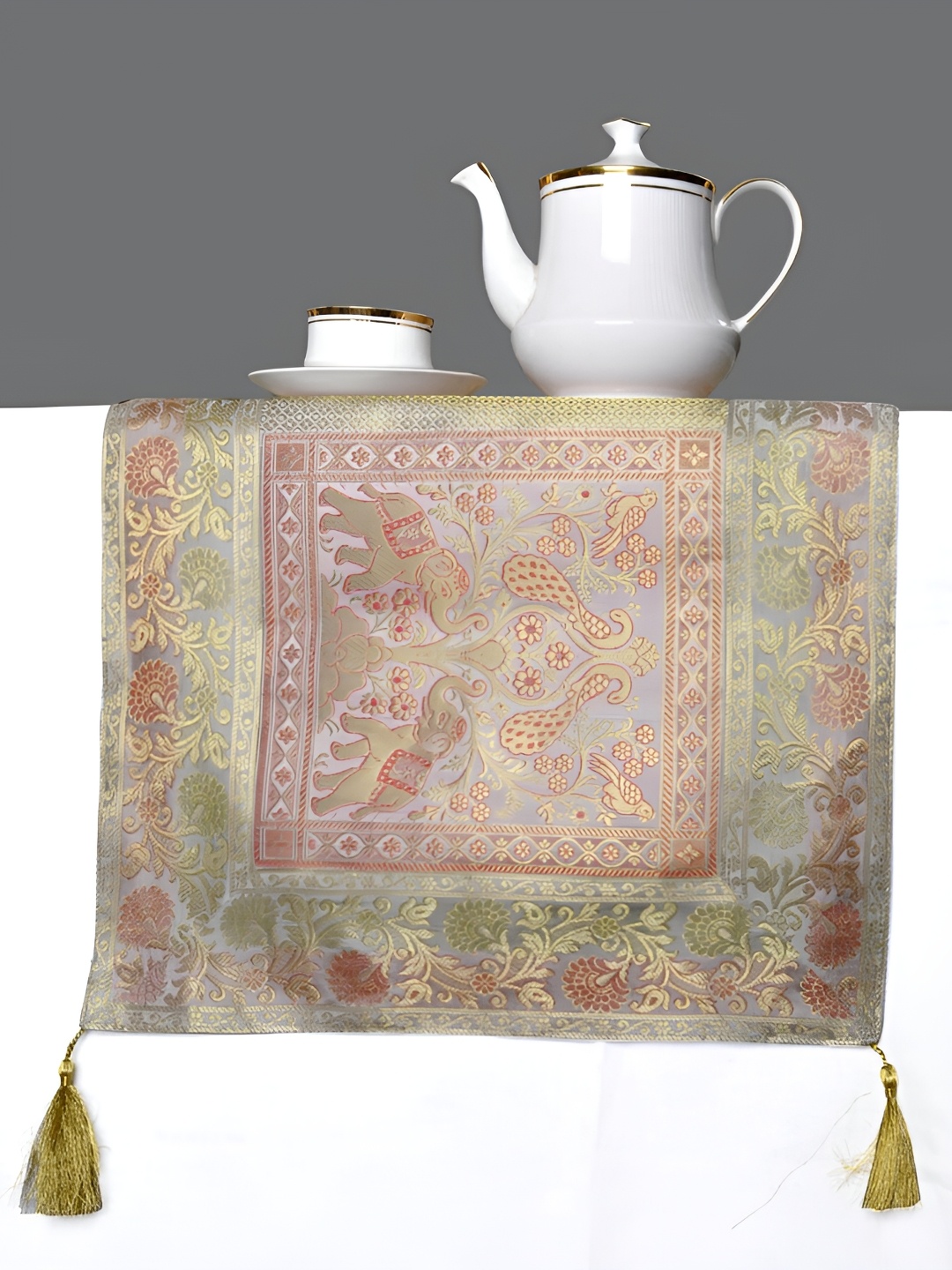 

Lal Haveli Grey & Gold Toned Floral Table Runner