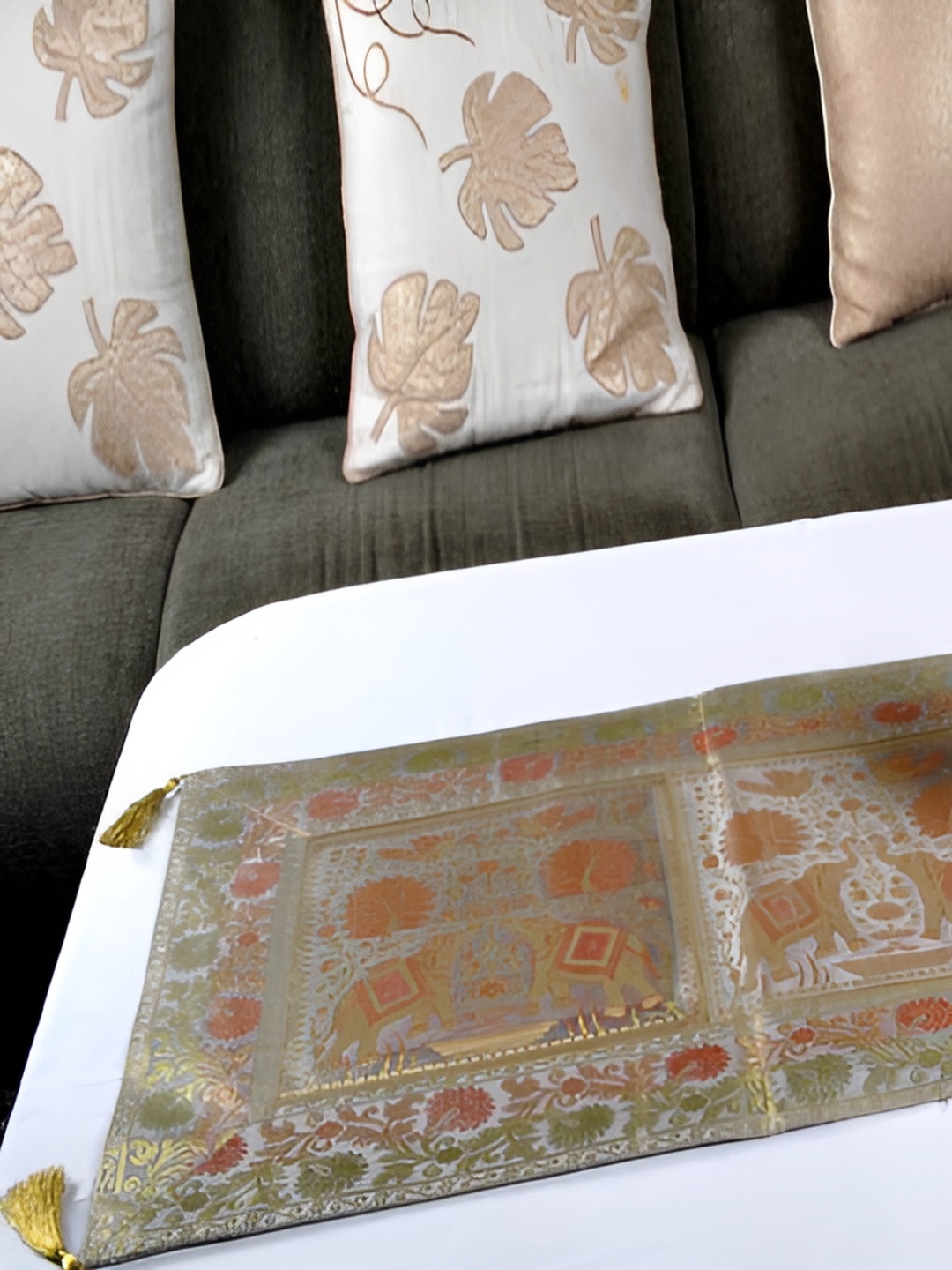 

Lal Haveli Grey & Gold-Toned Ethnic Motifs Silk Brocade Rectangle Center Table Runner