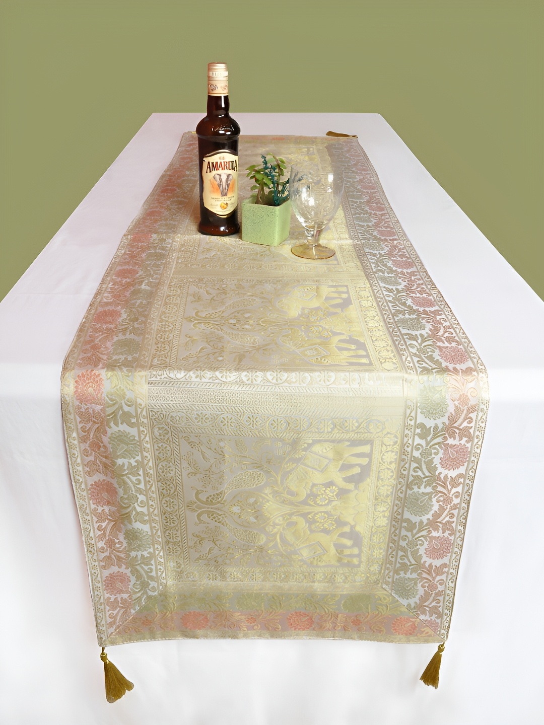 

Lal Haveli White & Gold Toned Floral Printed Table Runner