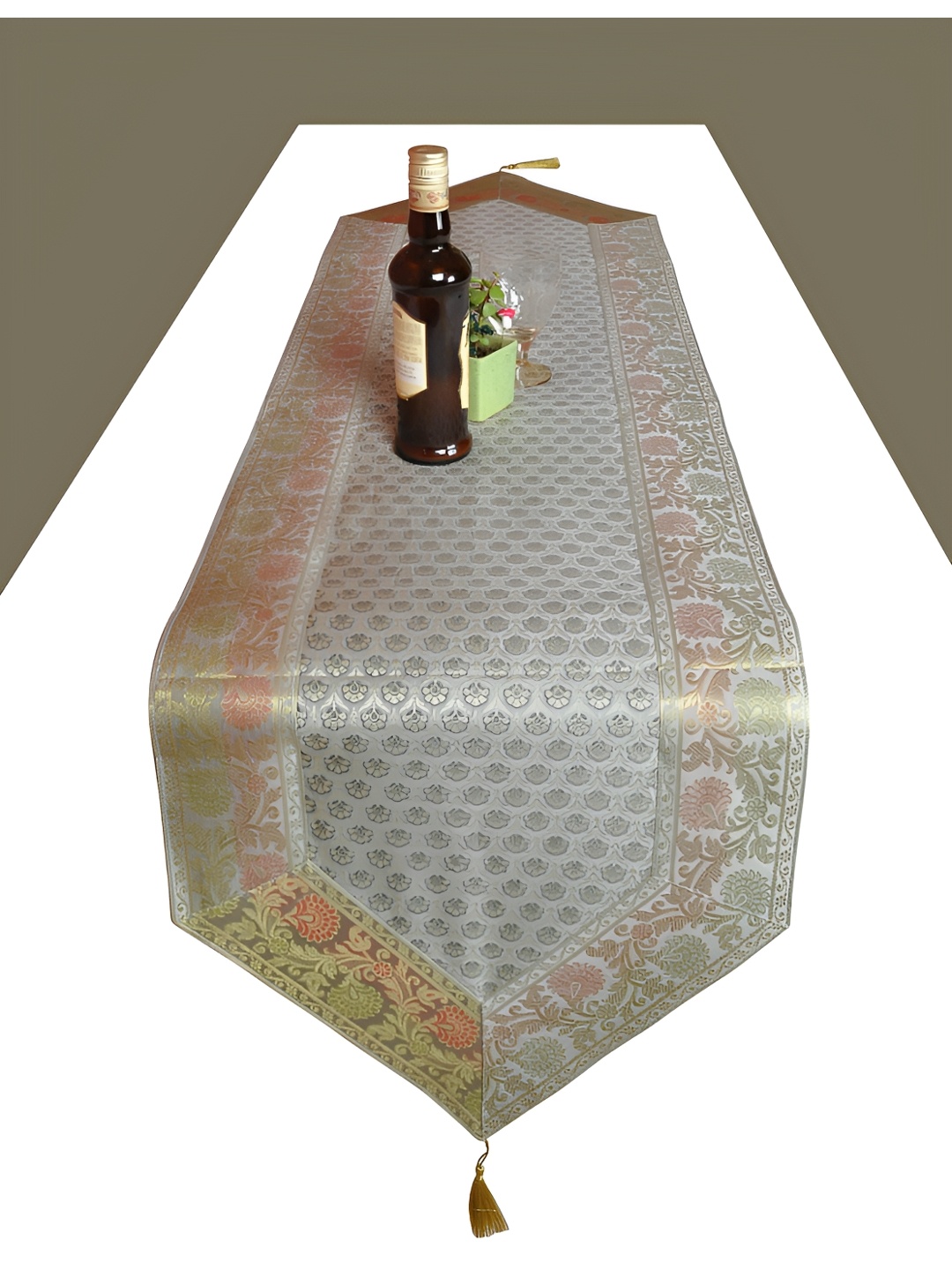 

Lal Haveli Grey & Gold Toned Floral Table Runner