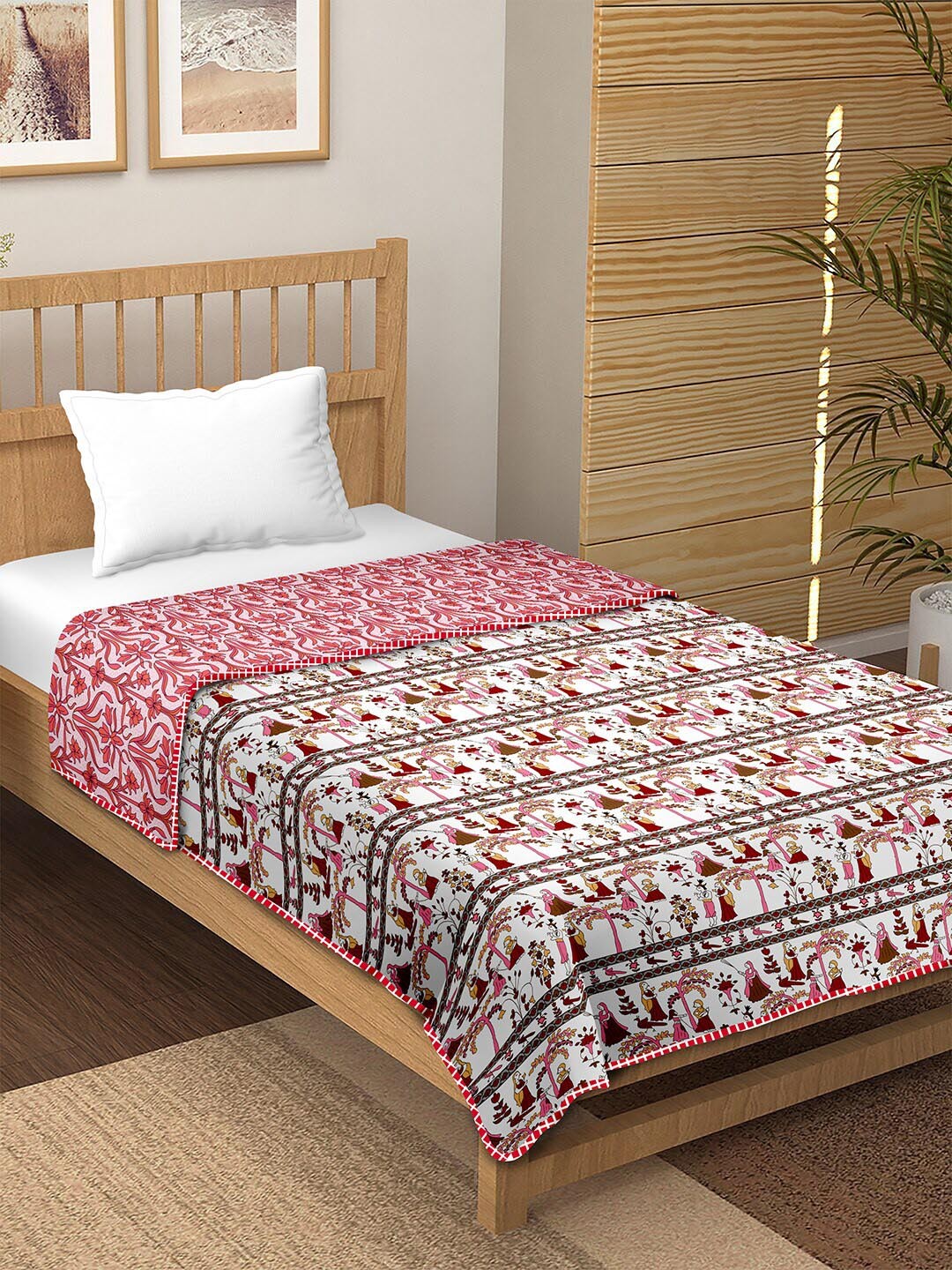 

BELLA CASA Canva Magenta Ethnic Motifs Cotton AC Room 150 GSM Reversible Single Bed Dohar