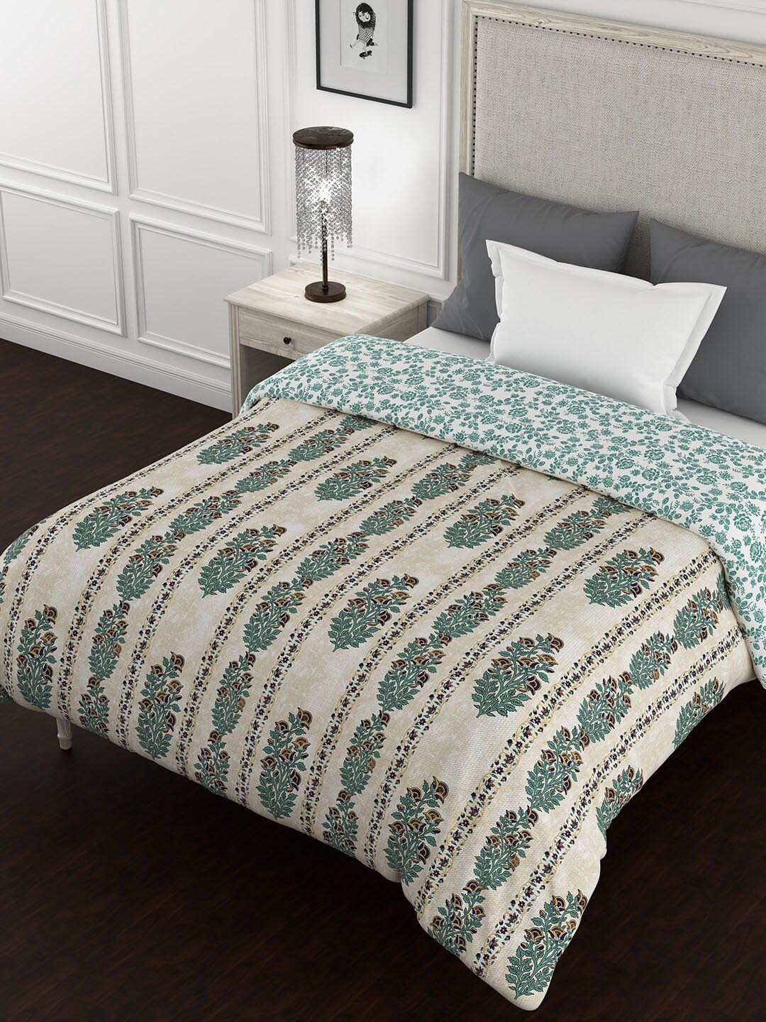 

BELLA CASA Kalamkari Green Ethnic Motifs Cotton 150 GSM Reversible Single Bed Quilt