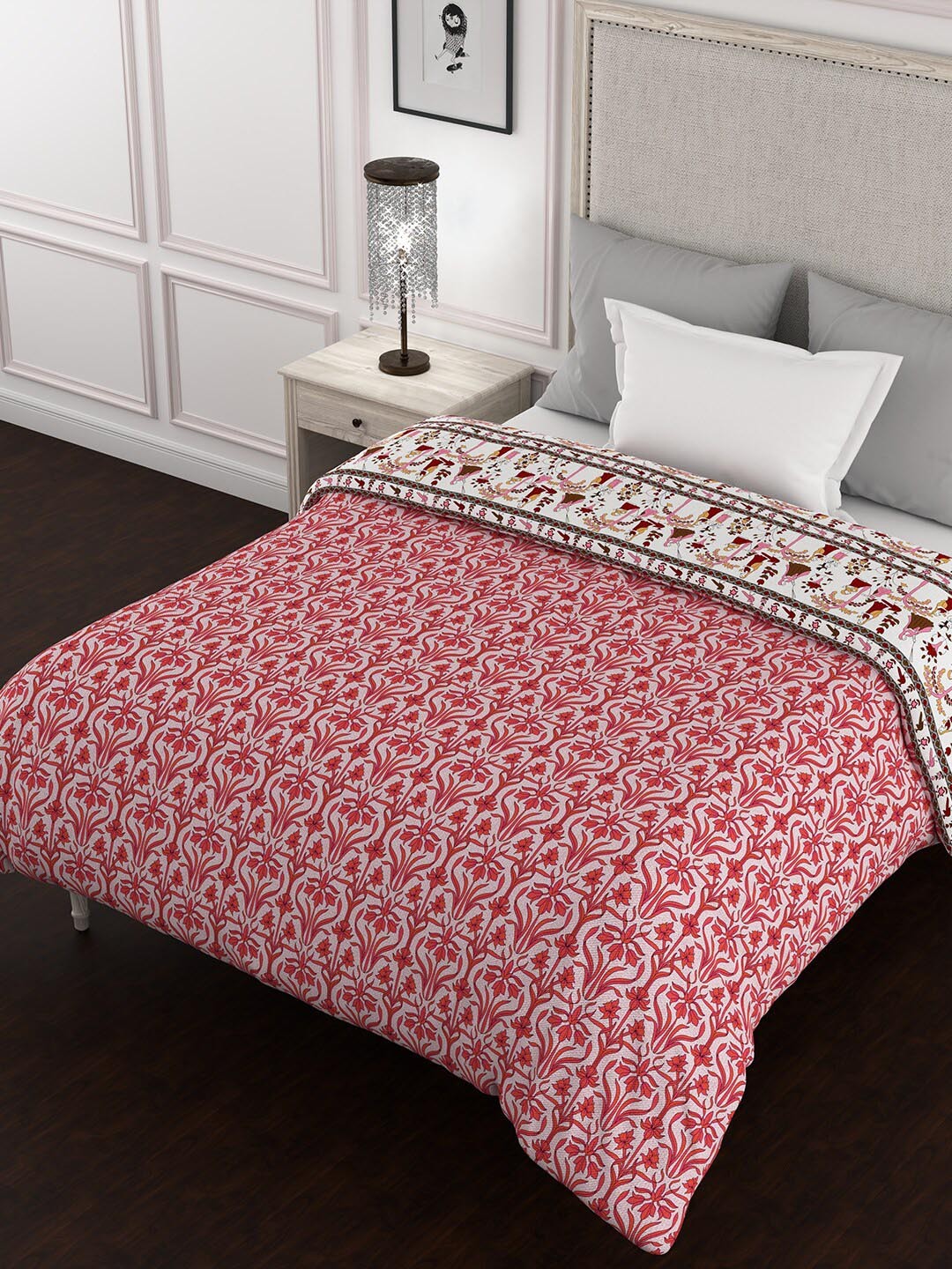 

BELLA CASA Kalamkari Magenta Ethnic Motifs Cotton 150 GSM Reversible Single Bed Quilt