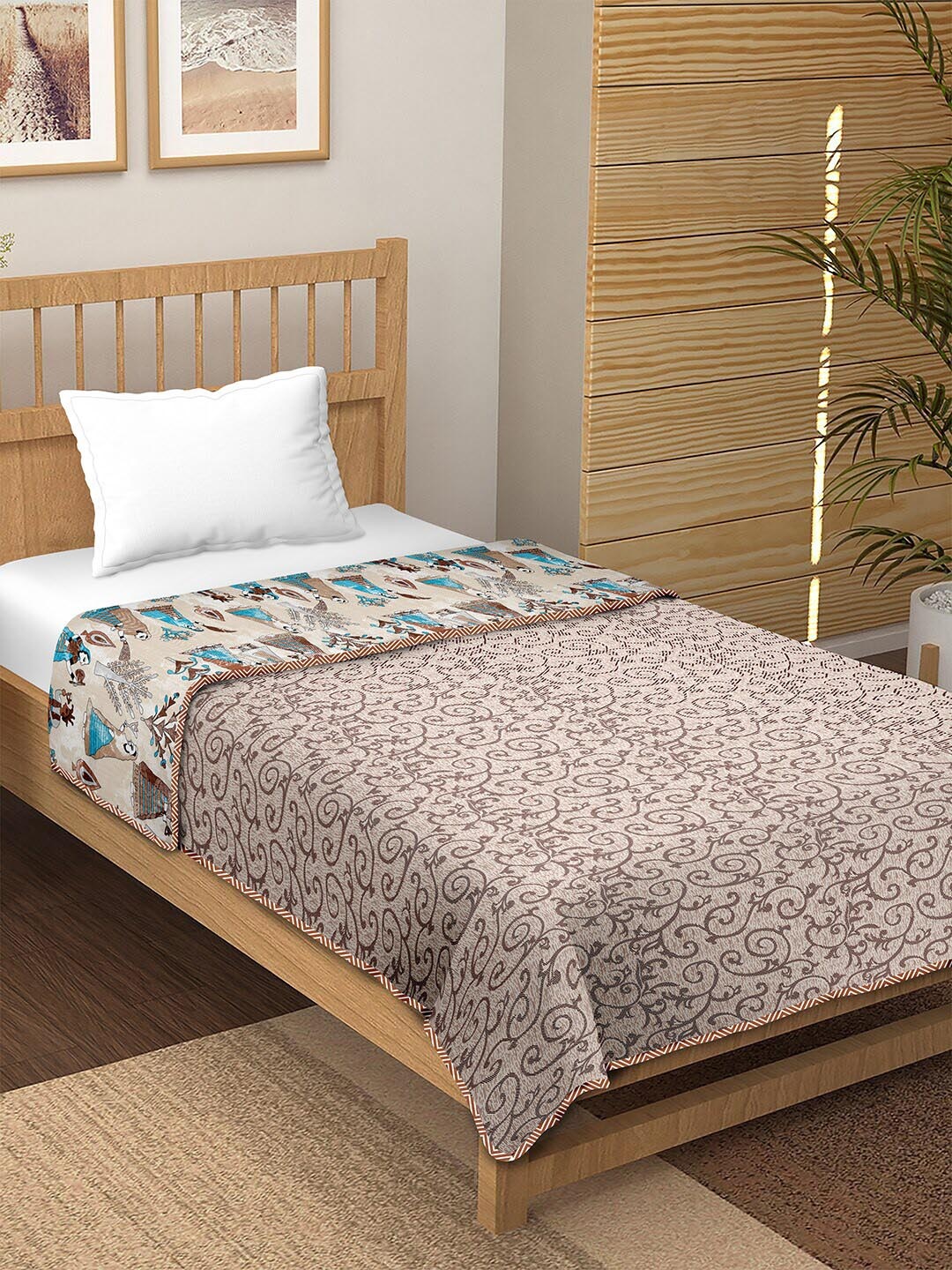 

BELLA CASA Canva Blue Ethnic Motifs Cotton AC Room 150 GSM Reversible Single Bed Dohar