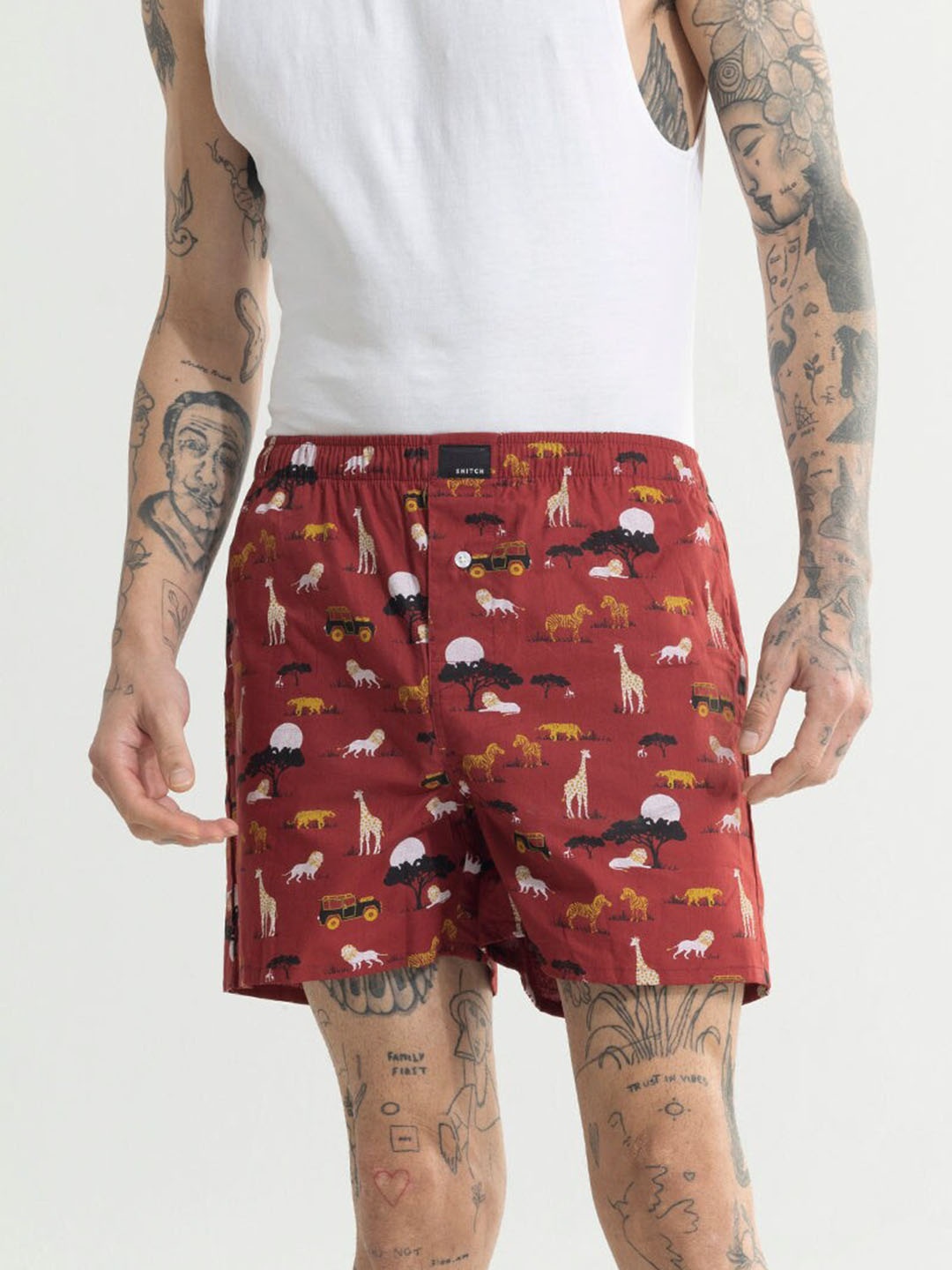 

Snitch Men Conversational Printed Cotton Boxers, Red