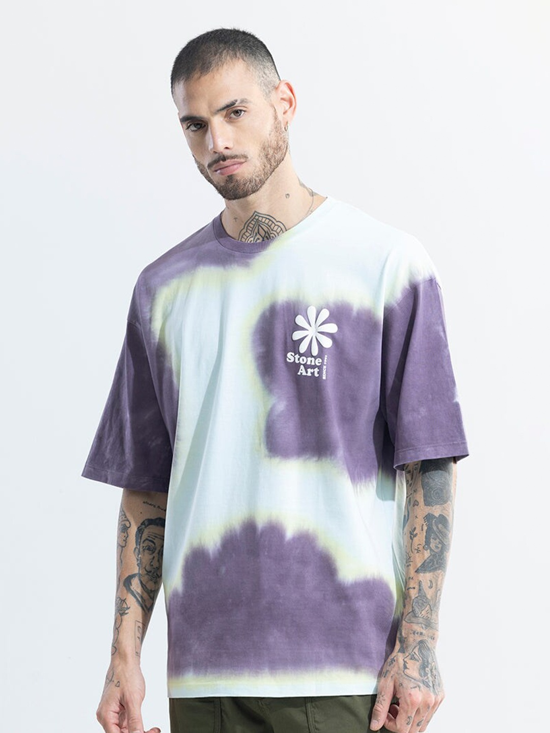 

Snitch Blue Abstract Printed Drop-Shoulder Sleeves Oversized Cotton T-shirt