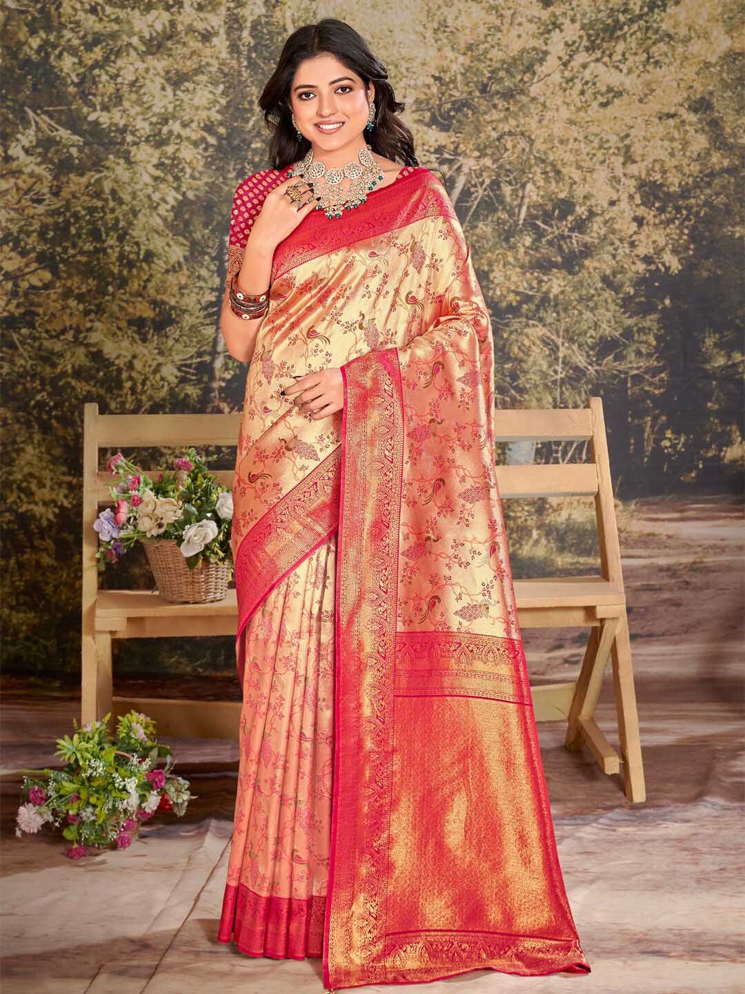 

Riwazo Ethnic Motifs Woven Design Banarasi Saree, Pink