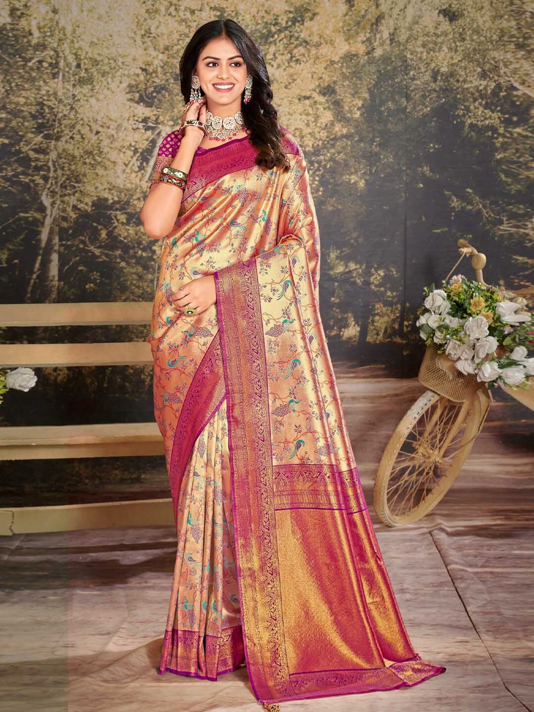 

Riwazo Floral Woven Design Zari Banarasi Saree, Purple