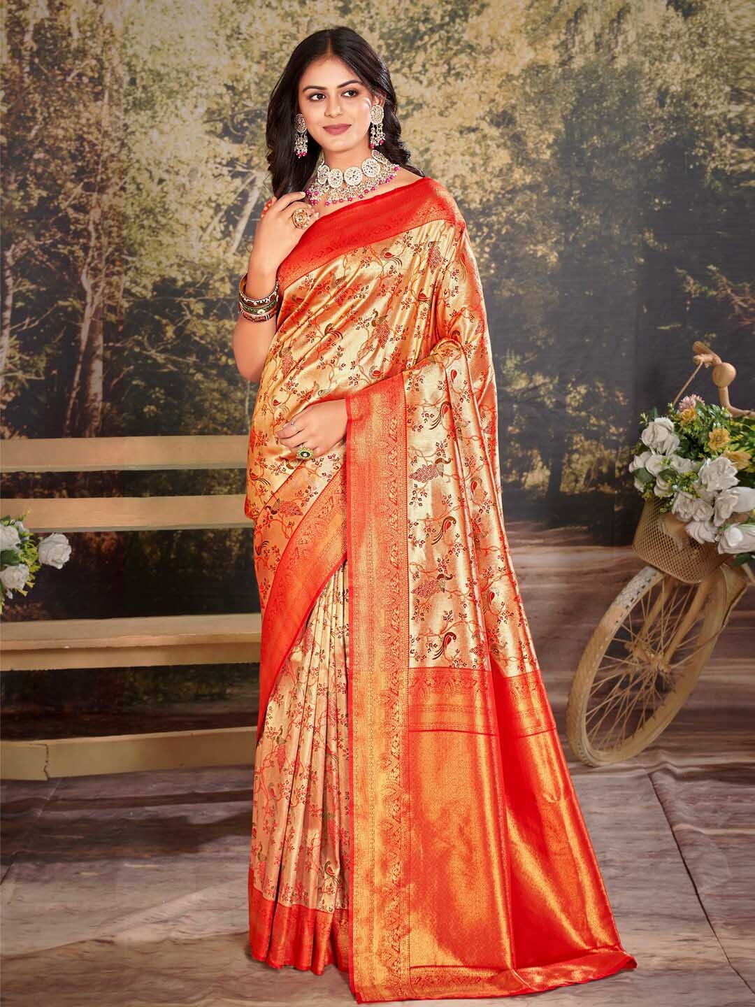 

Riwazo Floral Woven Design Zari Banarasi Saree, Orange